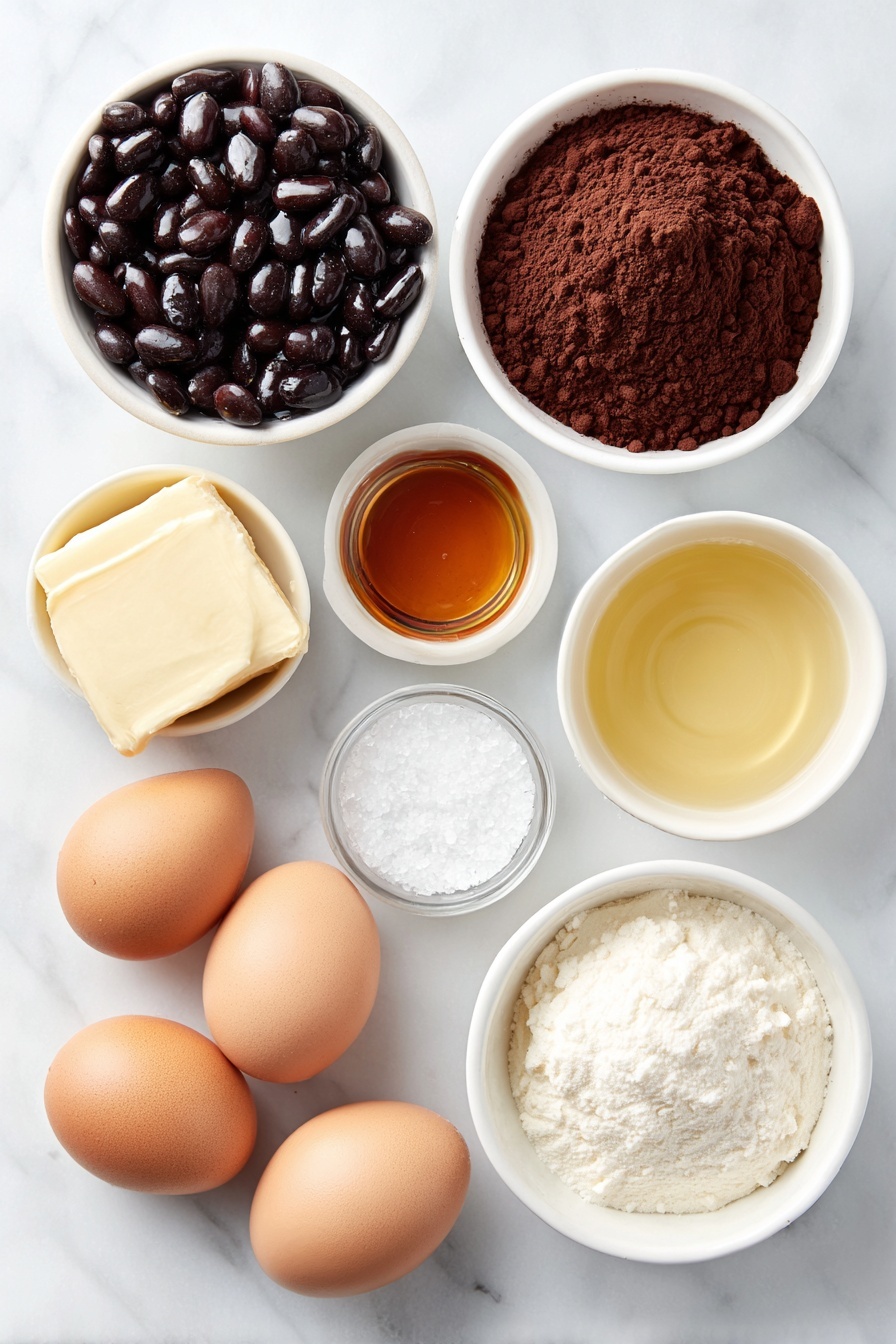 Healthy Chocolate Bean Snack Balls, healthy chocolate snacks, no-bake energy bites, nutritious chocolate treats, vegan chocolate snack balls - Flat lay of a small white ceramic bowl of shiny black beans, a small white ceramic bowl filled with rich dark cocoa powder, a few smooth, uncracked brown eggs with clean shells, a small white ceramic bowl holding pale golden coconut oil, a small white ceramic bowl of amber maple syrup, a small white ceramic bowl with fine white salt crystals, a tiny white ceramic bowl containing clear pure vanilla extract, and a tiny white ceramic bowl with a translucent pale liquid suggesting peppermint extract, all arranged with perfect symmetry and balanced proportions, placed on a clean white marble surface, soft natural light, photo taken with an iPhone, professional food photography style, fresh ingredients, white ceramic bowls, no bottles, no duplicates, no utensils, no packaging --ar 2:3 --v 7 --p awthu7i m7354615311229779997