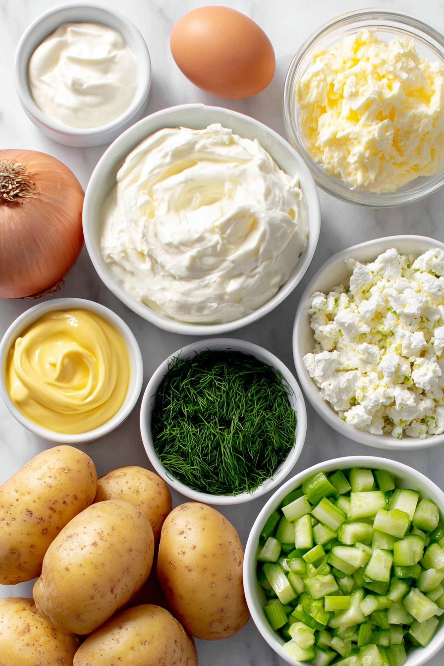 Smashed Potato Salad with Greek Yogurt Dressing, healthy potato salad, creamy Greek yogurt potato salad, easy potato salad recipe, tangy herb potato salad - Flat lay of fresh baby Yukon gold potatoes with smooth golden skins, a small white bowl of rich olive oil, a whole uncracked brown egg with a clean shell, a small white bowl filled with creamy Greek yogurt, another small white bowl of thick pale mayonnaise, a small white bowl holding finely chopped bright green dill, a small white bowl with chopped fresh parsley leaves, a whole shallot with smooth purple-tinged skin, a single fresh garlic clove with papery white skin, a small white bowl of smooth yellow Dijon mustard, a small white bowl containing vibrant yellow lemon juice, a small white bowl filled with deep red wine vinegar, a small white bowl of crisp diced cucumber with light green flesh and dark green skin, a small white bowl of pale diced celery, a small white bowl with chunky diced bright green dill pickles, sliced green onions with white bulbs and long green stalks arranged neatly in a white bowl, and a small white bowl with crumbly white feta cheese for garnish, all arranged symmetrically and proportionally on a clean white marble surface, soft natural light, photo taken with an iPhone, professional food photography style, fresh ingredients, white ceramic bowls, no bottles, no duplicates, no utensils, no packaging --ar 2:3 --v 7 --p awthu7i m7354615311229779997