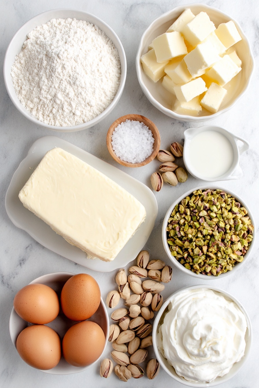 Pistachio Custard Pie, pistachio pie recipe, nutty custard pie, baked pistachio dessert, easy pistachio pie - Flat lay of a small white ceramic bowl of all purpose flour, a small white ceramic bowl of white granulated sugar, a few sprigs of coarse salt crystals sprinkled nearby, several small cubes of cold salted butter arranged neatly, a small white ceramic bowl filled with finely chopped pistachios, a few whole lightly salted roasted pistachios scattered, a smooth block of cream cheese on a white ceramic plate, four whole uncracked brown eggs, a small white ceramic bowl containing whole milk, a small white ceramic bowl with a pale vanilla extract liquid, a small white ceramic bowl with almond extract liquid, and a dollop of fresh whipped cream in a small white ceramic bowl, all placed on a clean white marble surface, soft natural light, photo taken with an iPhone, professional food photography style, fresh ingredients, white ceramic bowls, no bottles, no duplicates, no utensils, no packaging --ar 2:3 --v 7 --p awthu7i m7354615311229779997