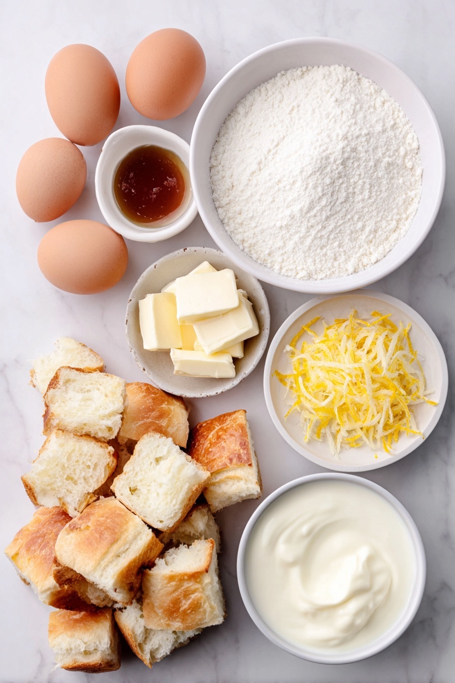 Custard Bread Pudding with Vanilla Sauce, bread pudding recipes, creamy bread pudding, easy dessert recipes, vanilla sauce dessert - Flat lay of a crusty loaf of French bread cut into rustic cubes, a few whole uncracked brown eggs with clean shells, a small white ceramic bowl filled with fresh whole milk, another small white bowl holding rich heavy cream, a small white bowl with fine granulated sugar, a small white bowl containing golden vanilla extract liquid, and a few thin strips of bright orange zest arranged artfully, all placed on a clean white marble surface, soft natural light, photo taken with an iPhone, professional food photography style, fresh ingredients, white ceramic bowls, no bottles, no duplicates, no utensils, no packaging --ar 2:3 --v 7 --p awthu7i m7354615311229779997