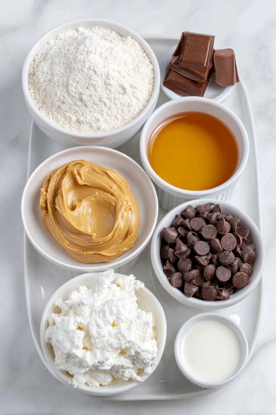 Protein Cookie Dough Bites, healthy no-bake snacks, high-protein dessert, easy protein bites, muscle-friendly treats - Flat lay of a small white ceramic bowl of fine almond flour, a small white ceramic bowl of vanilla protein powder, a smooth dollop of creamy peanut butter on a simple white ceramic plate, a small white ceramic bowl filled with amber maple syrup, a small white ceramic bowl of creamy non-dairy milk, a few drops of vanilla extract in a tiny white ceramic bowl, and a small white ceramic bowl heaped with glossy dark chocolate chips, all arranged symmetrically and naturally fresh, placed on a clean white marble surface, soft natural light, photo taken with an iPhone, professional food photography style, fresh ingredients, white ceramic bowls, no bottles, no duplicates, no utensils, no packaging --ar 2:3 --v 7 --p m7354615311229779997