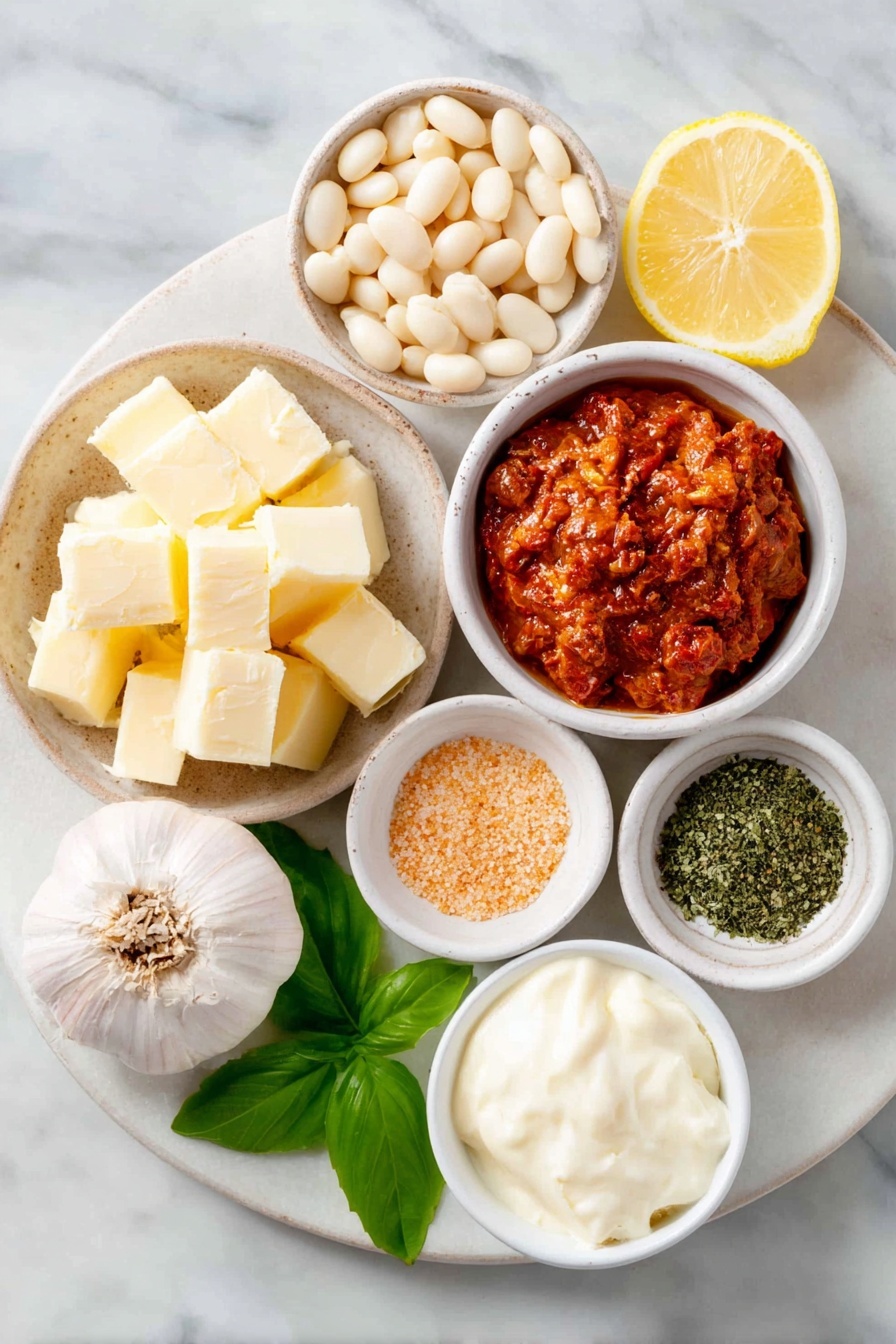 Vegan Butter Bean Recipe, creamy vegan beans, plant-based butter beans, vegan comfort food, easy vegan beans - Flat lay of vegan butter in a small white ceramic bowl, a large shallot unpeeled beside finely diced shallot pieces on a white ceramic plate, four whole cloves of garlic with some minced garlic in a small white bowl, a small white bowl filled with chopped sun-dried tomatoes glistening with oil, a small white bowl with smooth red tomato paste, dried oregano, dried thyme, and chili flakes each in their own small white ceramic bowls, whole fresh butter beans scattered next to a small white bowl containing creamy coconut cream, a small white bowl with golden nutritional yeast flakes, a lemon cut in half showing bright yellow flesh alongside fresh green basil sprigs on a simple white ceramic plate, arranged symmetrically and balanced, placed on a clean white marble surface, soft natural light, photo taken with an iPhone, professional food photography style, fresh ingredients, white ceramic bowls, no bottles, no duplicates, no utensils, no packaging --ar 2:3 --v 7 --p m7354615311229779997