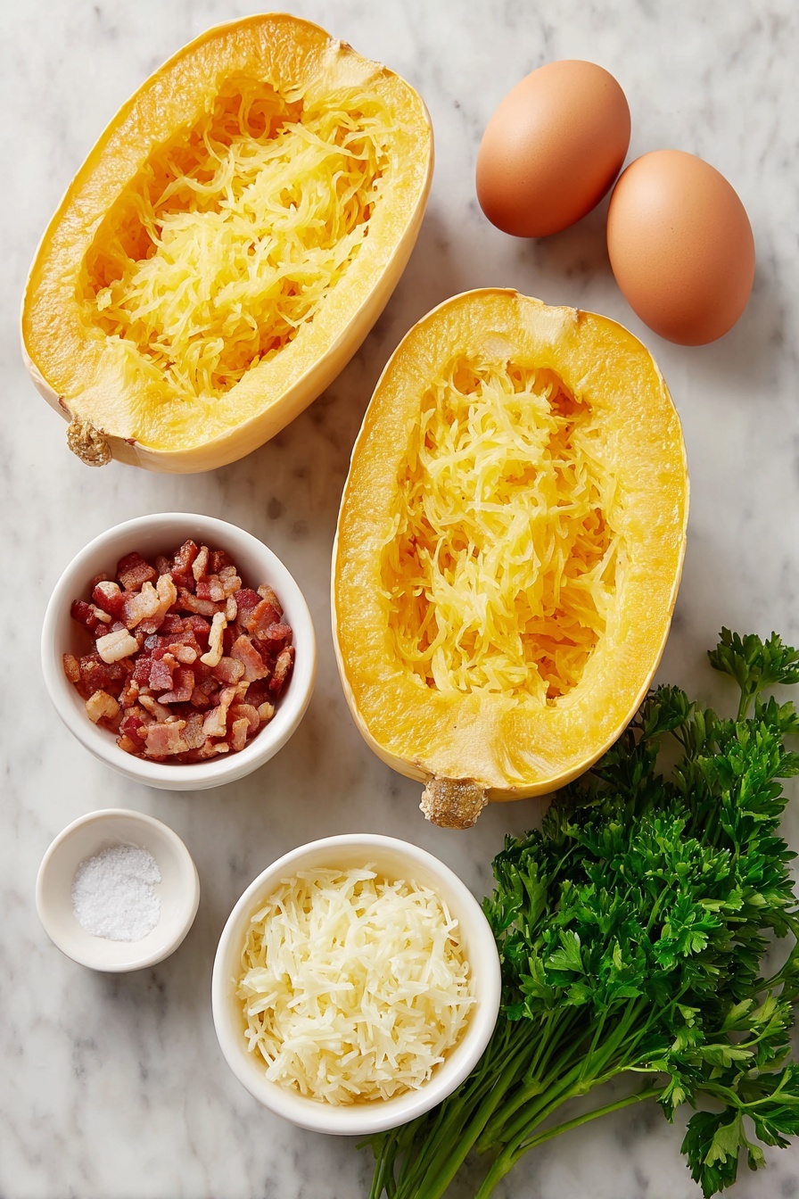 Spaghetti Squash Carbonara, healthy spaghetti squash recipes, low-carb veggie pasta dishes, light carbonara with spaghetti squash, easy vegetarian pasta ideas - Flat lay of a halved spaghetti squash showing bright yellow-orange flesh with visible strands, two whole brown eggs with clean shells, two small white ceramic bowls—one filled with finely grated pale yellow Parmesan cheese, the other with minced fresh garlic cloves, a small white ceramic bowl containing roughly chopped crispy bacon pieces with golden-brown edges, a few sprigs of fresh vibrant green parsley, and a small white ceramic bowl holding coarse kosher salt, all arranged in perfect symmetry on a clean white marble surface, soft natural light, photo taken with an iPhone, professional food photography style, fresh ingredients, white ceramic bowls, no bottles, no duplicates, no utensils, no packaging --ar 2:3 --v 7 --p m7354615311229779997
