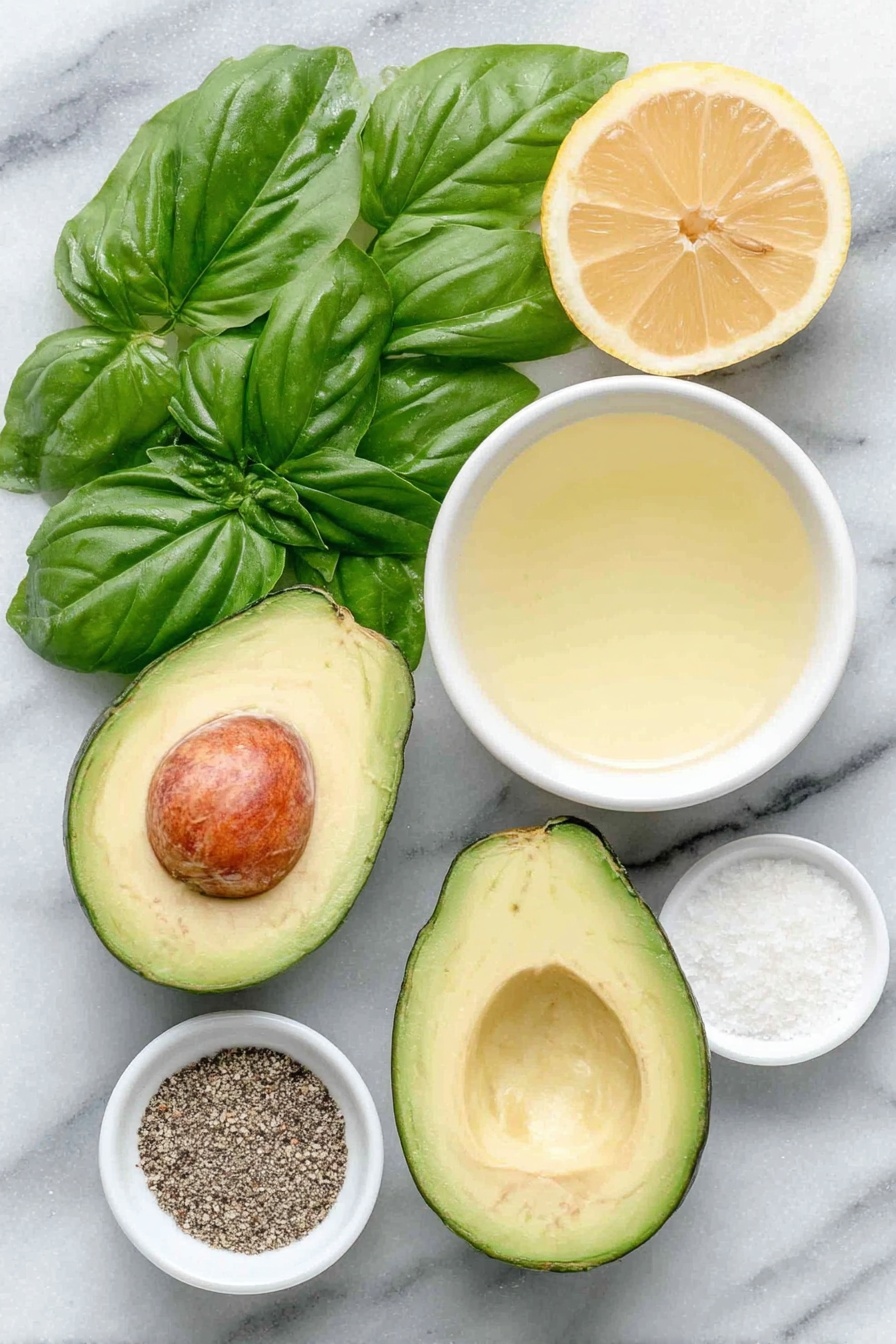 Avocado Lemon Pesto, healthy avocado pesto, creamy lemon pesto sauce, vegan pesto ideas, versatile pesto dishes - Flat lay of fresh bright green basil leaves spread out, a ripe halved avocado with creamy green flesh, a small white ceramic bowl filled with pale yellow lemon juice, a small white ceramic bowl of clear water, a small white ceramic bowl of coarse sea salt, a small white ceramic bowl with freshly ground black pepper, a small white ceramic bowl containing fine white garlic powder, all ingredients arranged in perfect symmetry on a clean white marble surface, soft natural light, photo taken with an iPhone, professional food photography style, fresh ingredients, white ceramic bowls, no bottles, no duplicates, no utensils, no packaging --ar 2:3 --v 7 --p m7354615311229779997