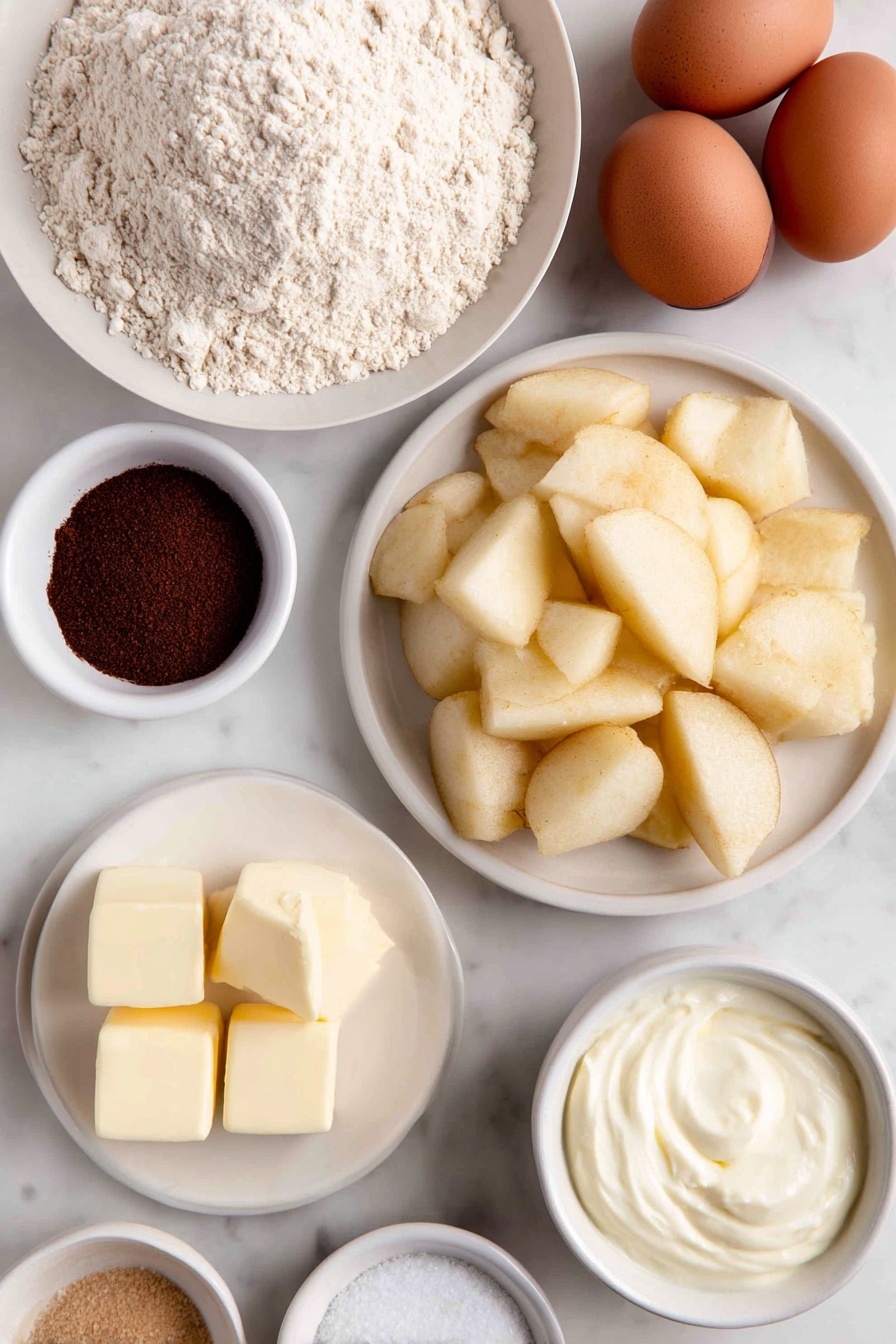 Best Apple Slab Pie, easy apple slab pie recipe, homemade apple slab pie, flaky apple pie bake, orchard-style apple slab dessert - Flat lay of a large simple white ceramic bowl filled with peeled, cored, and chopped fresh apples in half-inch chunks, a small white bowl of granulated sugar, a small white bowl of cornstarch, a small white bowl containing a spice mix of ground cinnamon, ground nutmeg, ground allspice, and table salt, a few cubes of cold unsalted butter arranged neatly on a plain white ceramic plate, a small white bowl of all-purpose flour, a small white bowl of sugar, a small white bowl of table salt, a whole lemon cut in half nearby with some lemon juice visible on a small white bowl, a few whole brown eggs with clean uncracked shells resting on a white ceramic plate, a small white bowl of heavy cream, and a small white bowl of very cold water, all placed on a clean white marble surface, soft natural light, photo taken with an iPhone, professional food photography style, fresh ingredients, white ceramic bowls, no bottles, no duplicates, no utensils, no packaging --ar 2:3 --v 7 --p m7354615311229779997