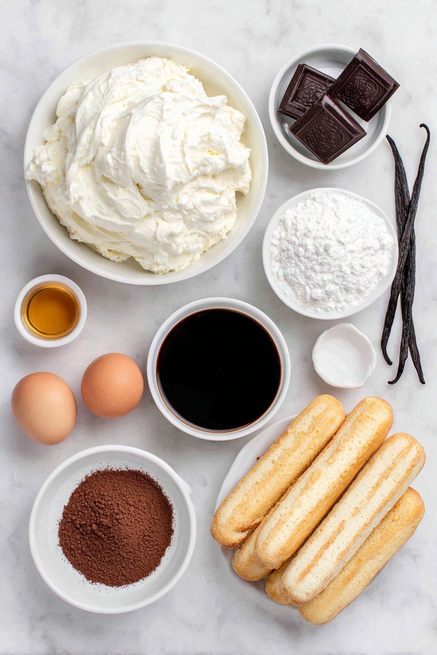 Easy Individual Tiramisu Cups, individual tiramisu dessert, simple tiramisu recipes, quick tiramisu cups, elegant dessert ideas - Flat lay of a small mound of fresh mascarpone cheese, a small white ceramic bowl of cold heavy whipping cream, a small white bowl filled with fine powdered sugar, a single vanilla bean pod beside a small white bowl of clear vanilla extract, a few whole uncracked brown eggs, a small white bowl with amber brandy, a shallow white ceramic bowl filled with dark cooled espresso, a neat stack of golden ladyfinger biscuits, a small white bowl with unsweetened cocoa powder, and a few dark chocolate curls scattered nearby, all arranged symmetrically and balanced, placed on a clean white marble surface, soft natural light, photo taken with an iPhone, professional food photography style, fresh ingredients, white ceramic bowls, no bottles, no duplicates, no utensils, no packaging --ar 2:3 --v 7 --p m7354615311229779997