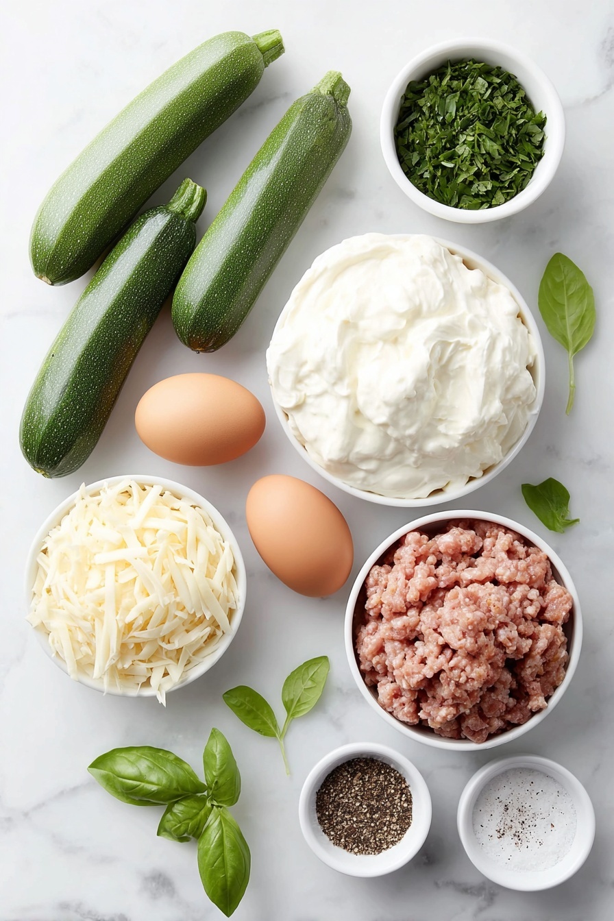 Zucchini Rollatini with Ricotta and Sausage, zucchini rollatini, cheesy baked zucchini rollups, stuffed zucchini with sausage and ricotta, easy zucchini dinners - Flat lay of three small green zucchinis sliced into very thin long strips, a mound of creamy white ricotta cheese, a portion of raw ground Italian sausage with pinkish-brown tones, shredded white mozzarella cheese, grated pale yellow parmesan cheese, one whole brown egg with a smooth shell, a small white bowl of finely chopped fresh green basil leaves, a small white bowl of chopped fresh parsley, a small white bowl of coarse salt crystals, a small white bowl of ground black pepper, arranged in perfect symmetry on a clean white ceramic surface, placed on a clean white marble surface, soft natural light, photo taken with an iPhone, professional food photography style, fresh ingredients, white ceramic bowls, no bottles, no duplicates, no utensils, no packaging --ar 2:3 --v 7 --p m7354615311229779997