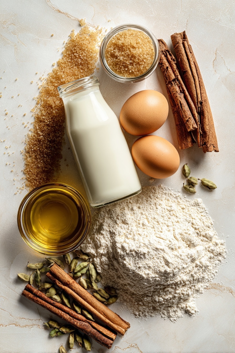 Cinnamon Sugar Doughnuts, homemade doughnuts, fluffy cinnamon donuts, soft baked doughnuts, easy cinnamon sugar treat - Flat lay of fresh whole milk in a small glass bottle with creamy white color, light brown cinnamon sticks with rough texture, golden granulated sugar crystals sparkling softly, smooth pale nutmeg seeds, glossy large light brown egg, plump golden olive oil in a small jar showing richness, pale wheat flour dusted lightly with soft powdery texture, and green cardamom pods with a slightly wrinkled surface, all beautifully arranged in a natural, flowing composition with gentle shadows and warm tones, placed on white marbled surface, photo taken with an iphone --ar 2:3 --v 7