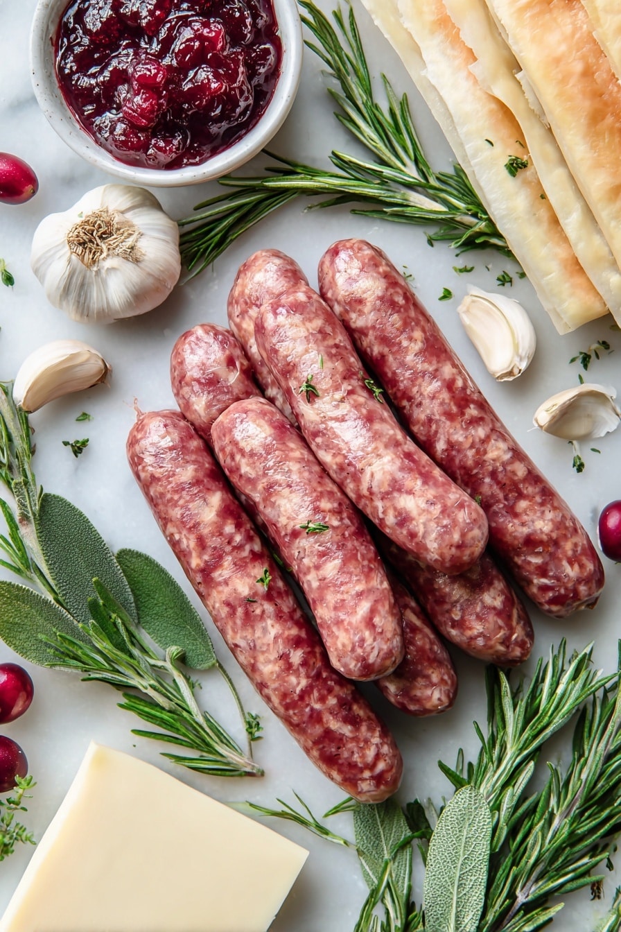 Sausage Cranberry Brie Bites, savory appetizer bites, easy party appetizer, puff pastry appetizers, holiday appetizer ideas - Flat lay of fresh Johnsonville Italian sausage links with their rich, slightly marbled texture, whole garlic cloves with papery white skin, vibrant green sprigs of rosemary and sage with delicate leaves, a smooth, creamy block of pale ivory brie cheese with its white rind, bright red jellied cranberry sauce glistening with a glossy finish, and a sheet of frozen puff pastry showing light layers of dough, all naturally arranged in a casual yet balanced layout, placed on white marbled surface, photo taken with an iphone --ar 2:3 --v 7