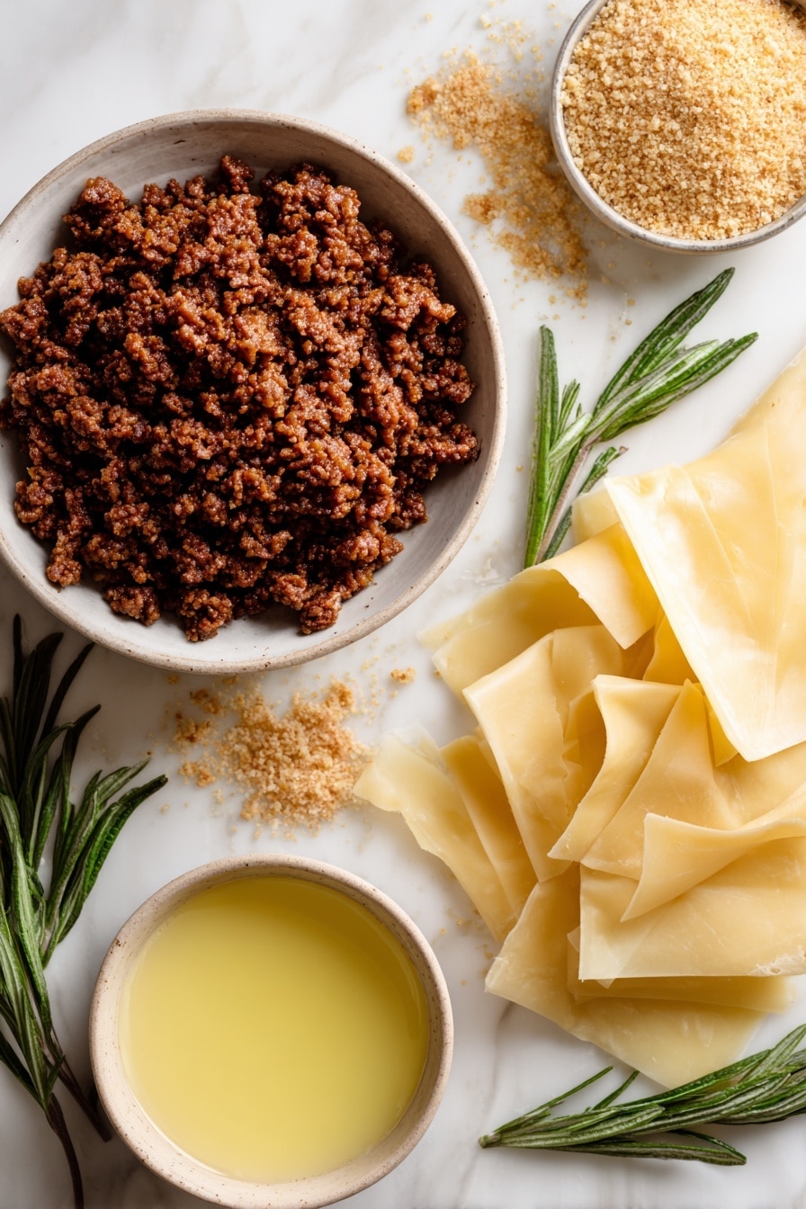 Vegan Sausage Rolls, vegan sausage rolls recipe, plant-based sausage rolls, dairy-free sausage rolls, easy vegan snack - Flat lay of fresh, raw vegan sausage crumbles with a rich, meaty texture in deep brown tones, surrounded by golden, flaky sheets of frozen puff pastry gently folded, scattered light beige vegan panko breadcrumbs adding a crumbly texture, and a small pool of smooth, melted vegan butter with a soft yellow hue, all arranged naturally with a few sprigs of green herbs for a pop of color, placed on white marbled surface, photo taken with an iphone --ar 2:3 --v 7