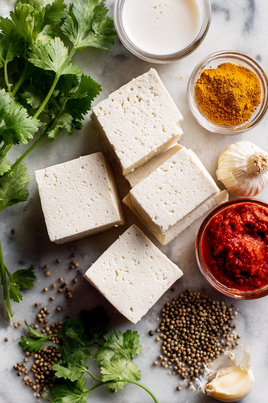 Vegan Butter Chicken, plant-based curry, vegan tofu curry, dairy-free butter chicken, vegan Indian recipes - Flat lay of extra-firm tofu blocks with a smooth, creamy white texture beside a small pile of bright yellow garam masala and warm brown curry powder, fresh light beige garlic cloves and a knob of pale yellow grated ginger, a glossy dollop of deep red tomato paste, rich white coconut milk in a small clear container, and a handful of vibrant green chopped cilantro leaves, all naturally arranged with a few scattered whole coriander seeds, placed on white marbled surface, photo taken with an iphone --ar 2:3 --v 7