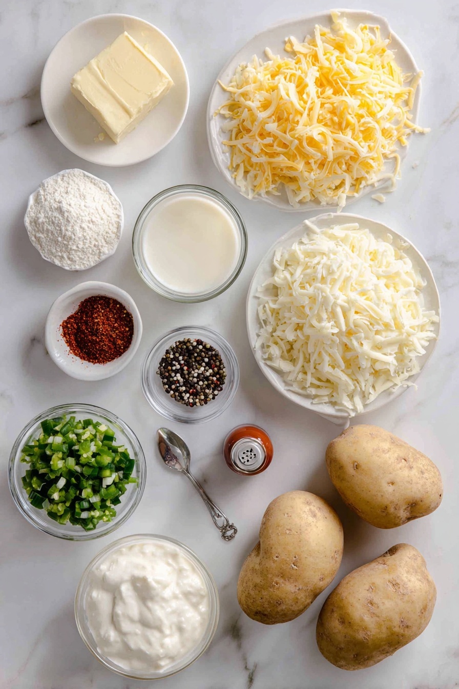 Hobo Casserole, easy hobo casserole, hearty casserole dinner, comfort food recipes, cheesy ground beef casserole - Flat lay of a small pat of salted butter next to one medium white onion finely diced, a small mound of all-purpose flour, a clear glass of chicken broth, a matching glass of heavy cream, a small bowl of sour cream, a modest pile of diced green chiles, a spoonful of garlic powder, a small bottle of hot sauce, scattered black peppercorns and salt crystals, two pounds of raw ground beef shaped loosely, three large russet potatoes peeled with a few thin slices fanned out, and a generous handful of shredded cheddar cheese, all placed on a white marble surface, photo taken with an iphone --ar 2:3 --v 7