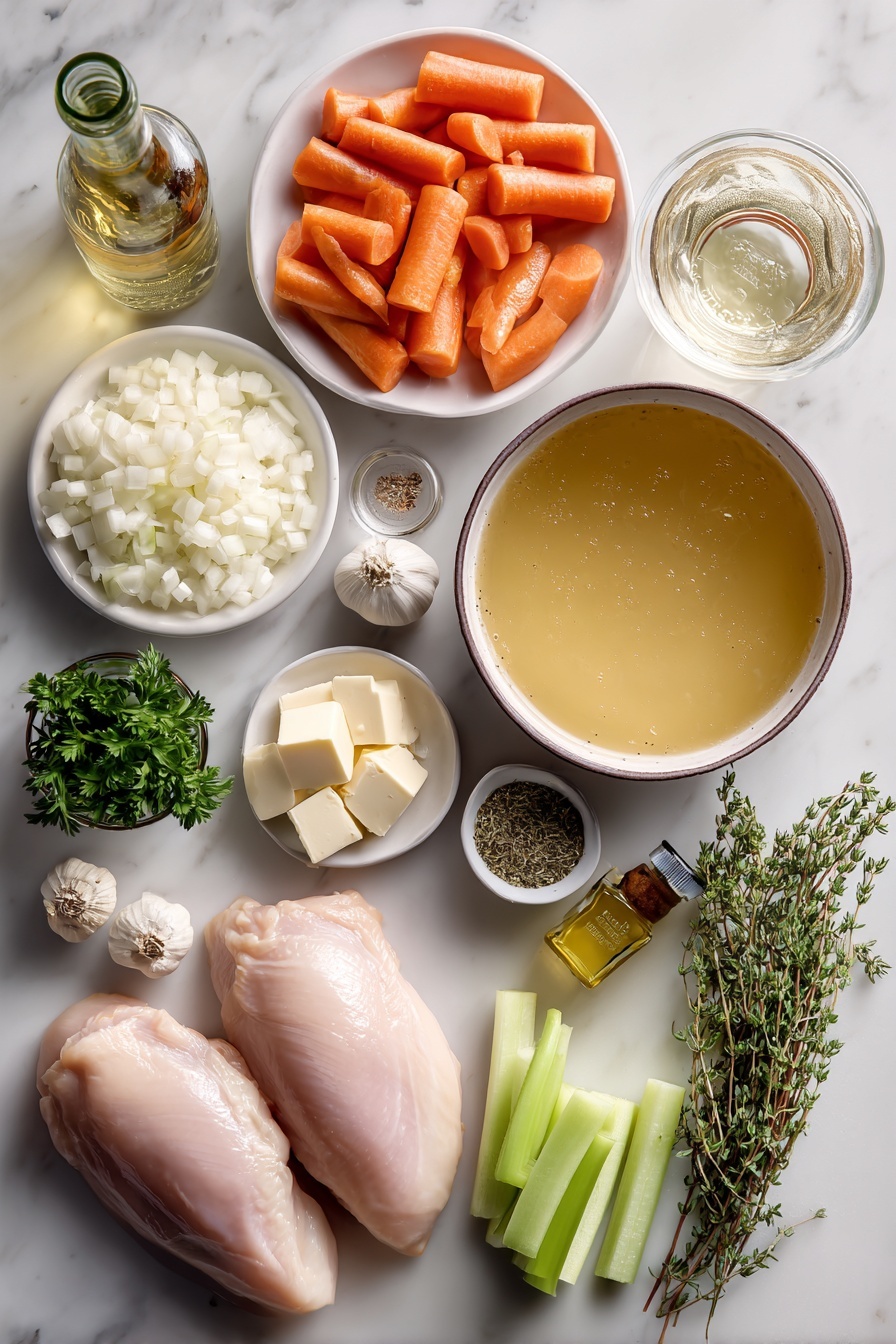 Creamy Chicken Soup, creamy chicken soup recipe, comforting chicken soup, flavorful chicken soup, easy chicken soup - Flat lay of one and a half boneless skinless chicken breasts, a medium white onion diced, a small pile of minced garlic cloves totaling about six, four bright orange carrots cut into bite-sized chunks, four sliced celery ribs, a small mound of all-purpose flour, a small glass with a pale liquid representing cooking wine, a large bowl of golden chicken broth, a bowl of creamy heavy cream, four dried bay leaves, small piles of ground sage, dried rosemary, and dried thyme, a few pats of salted butter, a small bottle of olive oil, and a small bunch of fresh chopped parsley placed on a white marble surface, photo taken with an iphone --ar 2:3 --v 7