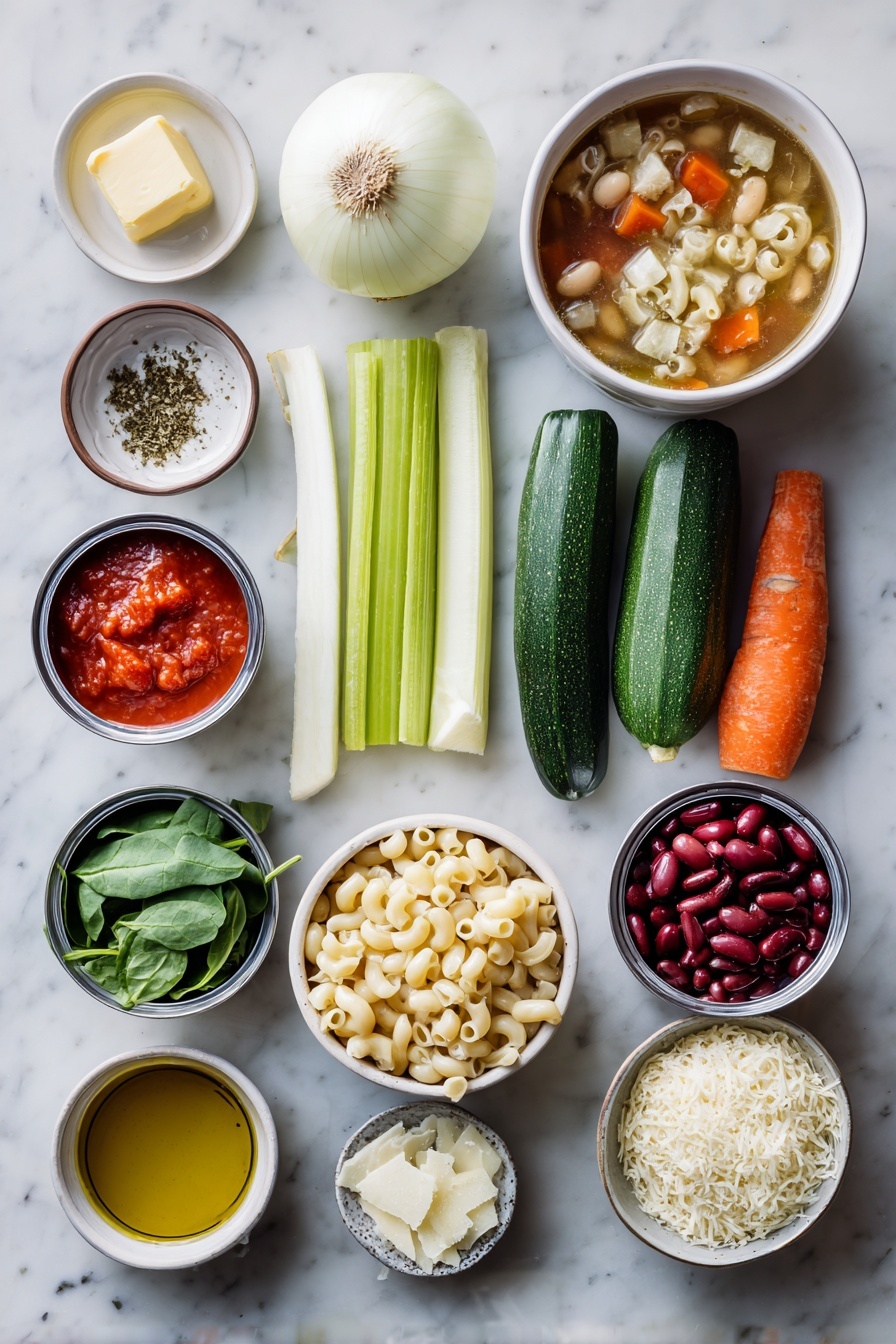 Easy Minestrone Soup, hearty vegetable soup, quick healthy soup, budget-friendly soup recipe, comforting vegetarian soup - Flat lay of two tablespoons of salted butter, a small dish of olive oil, one medium white onion whole, three medium celery ribs, four medium carrots, three medium zucchini, a small bowl of minced garlic, an opened can of diced tomatoes with juice, two opened cans of beans—white cannellini and kidney, a large bowl of vegetable broth, small piles of dried basil and oregano, a modest handful of elbow macaroni, a small cup of roughly chopped baby spinach, and a small bowl of grated parmesan cheese placed on a white marble surface, photo taken with an iphone --ar 2:3 --v 7