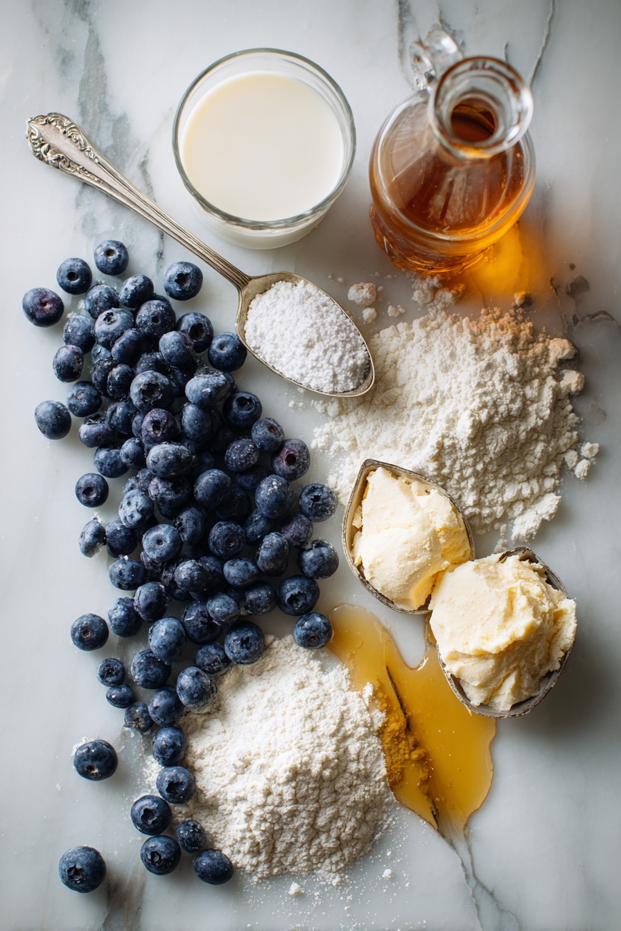 Vegan Blueberry Pancakes, easy vegan breakfast, fluffy blueberry pancakes, vegan brunch ideas, plant-based pancake recipe - Flat lay of fresh blueberries spilling from a small cluster, a glass of creamy unsweetened soy milk, a few rustic scoops of all purpose flour, golden melted vegan butter glistening in a small puddle, a bottle of amber apple cider vinegar with a slight sheen, a sprinkle of granulated sugar crystals casting tiny sparkles, and a light dusting of baking powder powdery white piles arranged neatly, all placed on a white marble surface, photo taken with an iphone --ar 2:3 --v 7