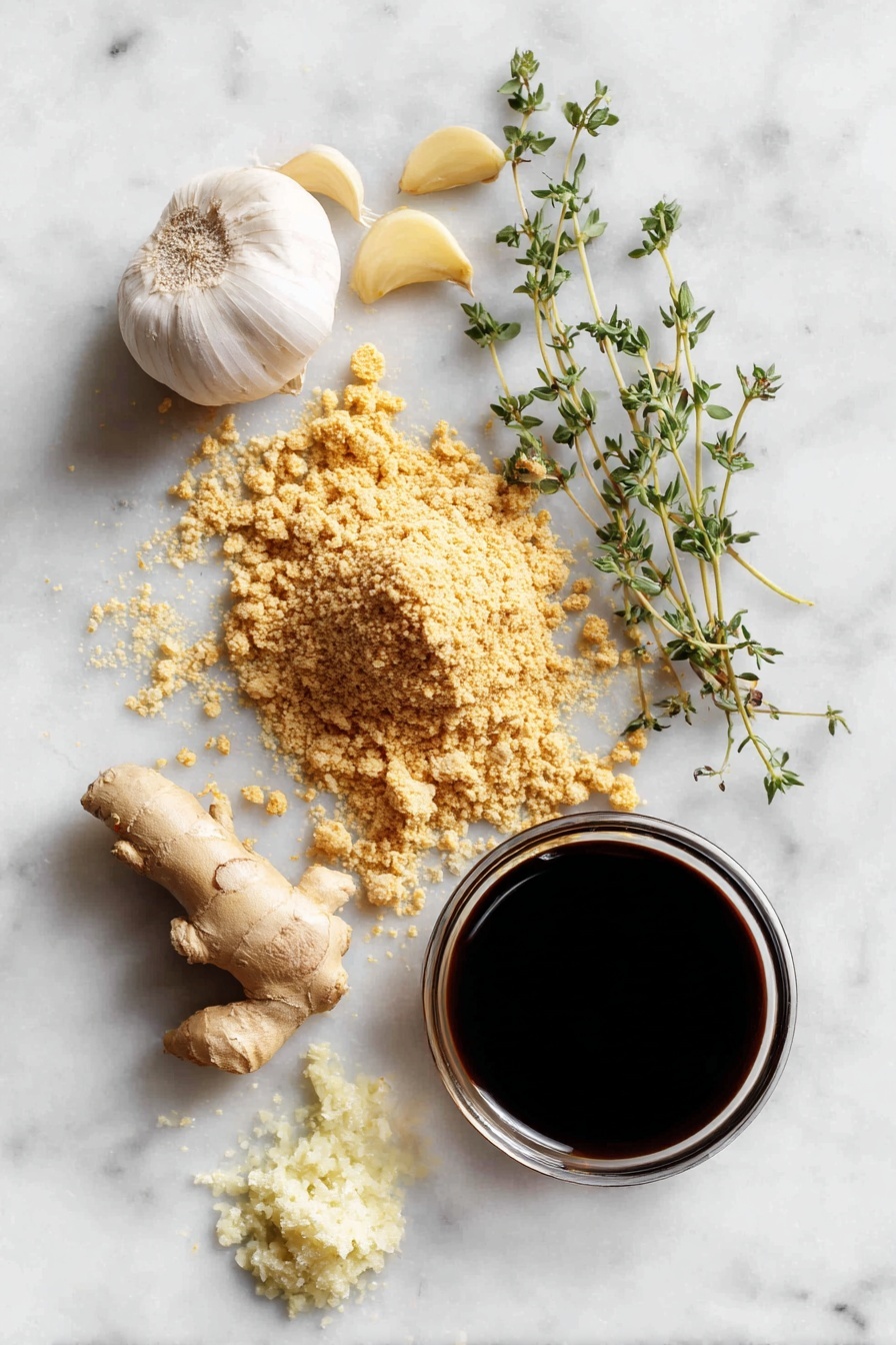 Honey Ginger Seitan with Crispy Pan-Fried Glaze, plant-based honey ginger seitan, vegan crispy stir-fry, easy seitan recipes, flavorful plant-based dishes - Flat lay of vital wheat gluten in a small mound, golden nutritional yeast flakes, bright fresh garlic cloves, a small pile of grated fresh ginger, a glossy pool of dark soy sauce, light golden agave syrup, dried thyme sprigs, and a few scattered chickpea flour grains, all beautifully arranged on a white marble surface, photo taken with an iphone --ar 2:3 --v 7