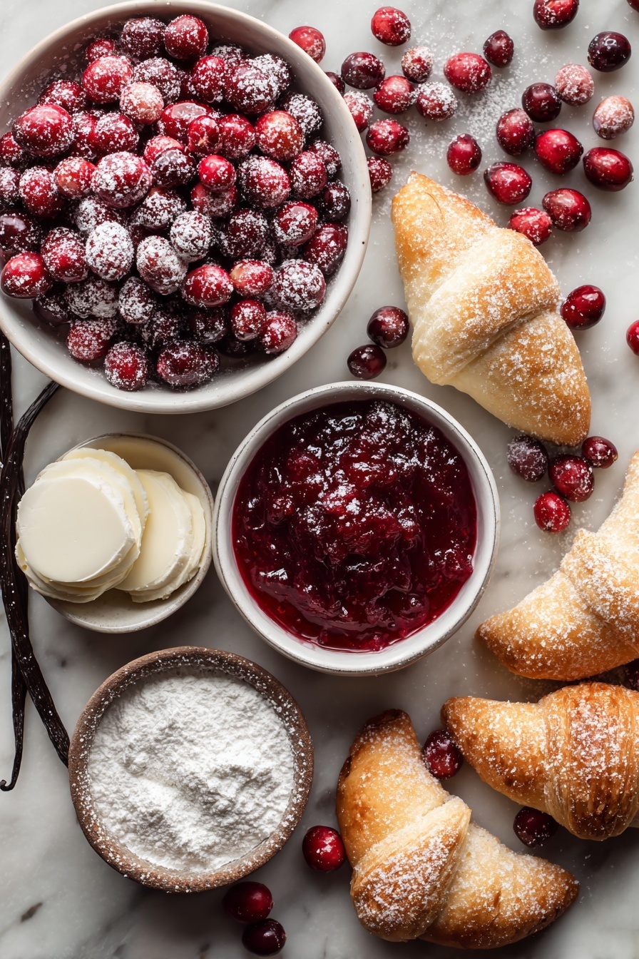 Cranberry Cheesecake Rolls, easy cranberry cheesecake dessert, holiday cranberry cheesecake snacks, quick cheesecake roll recipe, tart and sweet cheesecake rolls - Flat lay of fresh whole berry cranberries glistening with deep red hues, smooth blocks of cream cheese softly textured and creamy white, delicate crescent roll dough triangles slightly dusted with powdered sugar, small piles of fine white powdered sugar, a vanilla bean pod for visual interest, and a small bowl of rich red cranberry sauce, all beautifully arranged with a pinch of coarse sugar crystals scattered lightly around, placed on a white marble surface, photo taken with an iphone --ar 2:3 --v 7