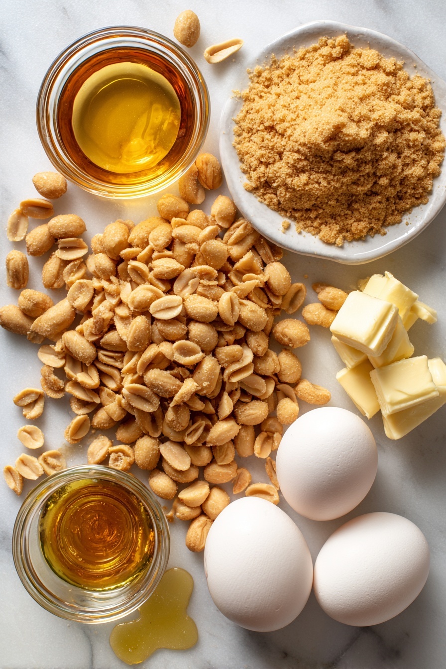 Virginia Peanut Pie, Southern peanut pie, easy peanut pie recipe, peanut pie with caramel filling, homemade peanut dessert - Flat lay of whole roasted salted peanuts piled next to roughly crushed peanut pieces, a small glass jar of light golden corn syrup shimmering in the light, a heap of packed light brown sugar with a soft, sandy texture, three large fresh eggs with smooth shells, a small puddle of melted pale yellow unsalted butter, and a clear glass bottle of rich vanilla extract with its deep amber color, all beautifully arranged on a white marble surface, photo taken with an iphone --ar 2:3 --v 7