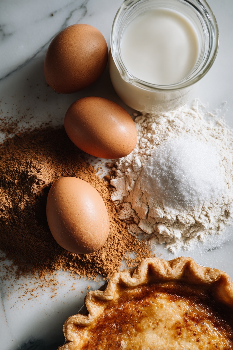 Bob Andy Pie, custard pie recipe, comforting dessert recipes, easy pie recipes, spiced custard pie - Flat lay of three large fresh eggs with smooth brown shells, a glass jug of creamy whole milk, a small mound of granulated white sugar sparkling under the light, a heap of fine all-purpose flour dusted softly, warm brown ground cinnamon sprinkled artfully, a small pile of golden nutmeg powder, and a rolled-out unbaked pie crust showing its golden, flaky texture, all beautifully arranged with space between them and gentle natural lighting, placed on a white marble surface, photo taken with an iphone --ar 2:3 --v 7
