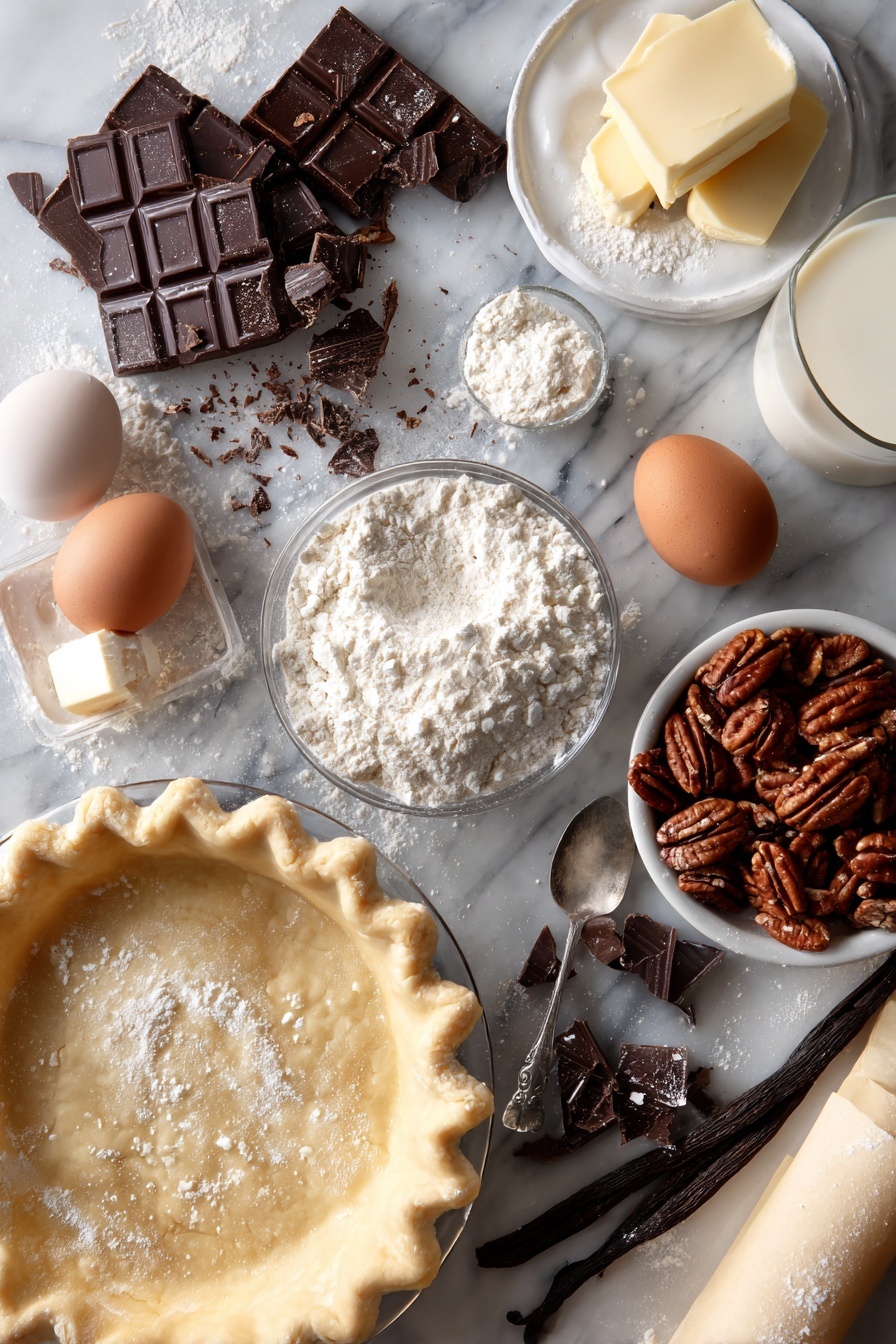 Colonial Innkeeper's Pie, chocolate layered pie, vintage dessert, homemade pie recipes, rich chocolate cake dessert - Flat lay of whole unsweetened chocolate pieces, chopped pecans, a stick of softened butter, granulated sugar crystals, a fresh large egg, a small glass of whole milk, vanilla beans and a rolled unbaked pie crust, beautifully arranged with a small pile of sifted all-purpose flour and a teaspoon of baking powder placed on a white marble surface, photo taken with an iphone --ar 2:3 --v 7