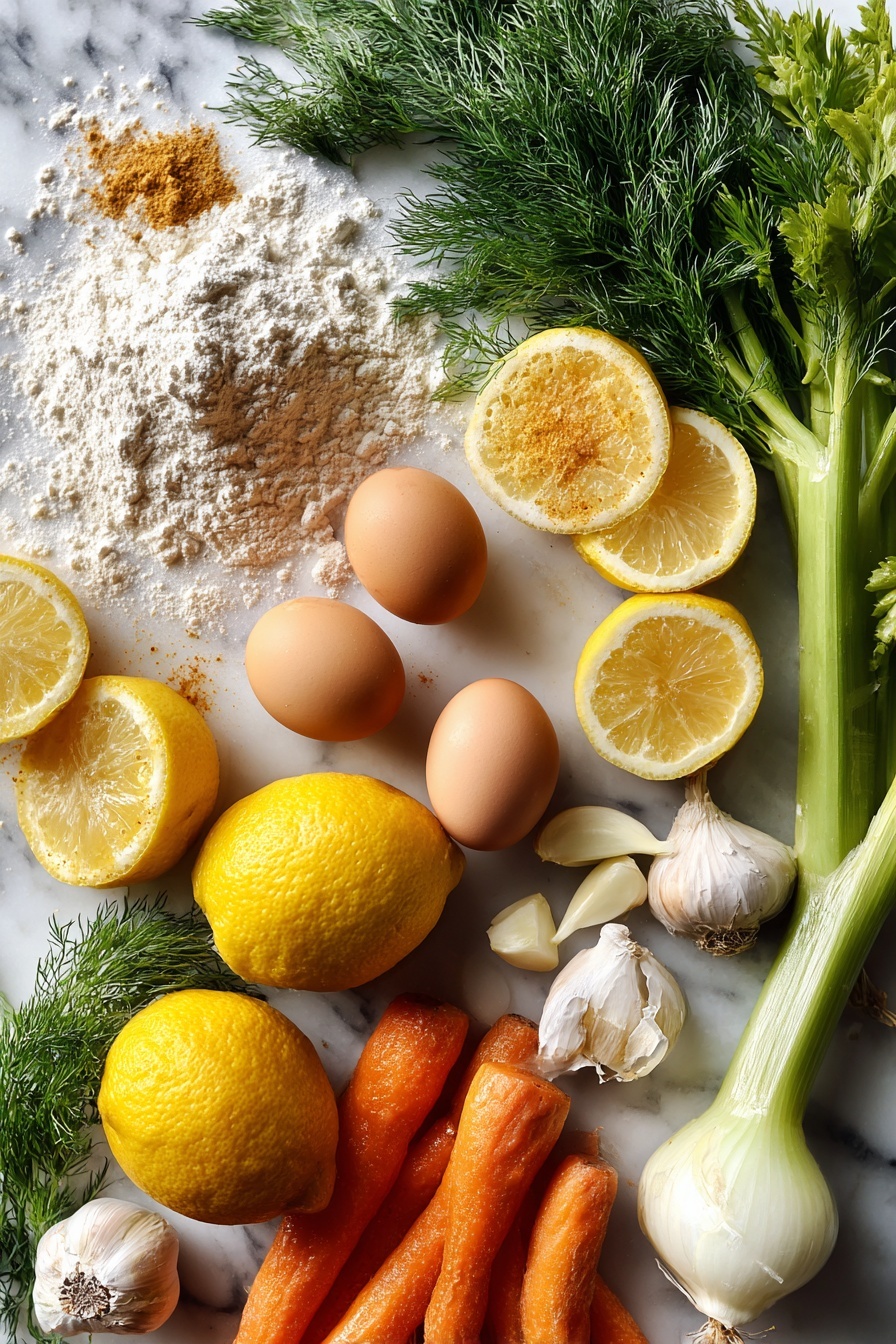 Lemon Chicken & Spaetzle Soup, lemon chicken soup with spaetzle, bright lemon chicken soup, comforting lemon chicken and dumpling soup, easy spaetzle soup recipes - Flat lay of bright yellow lemons sliced in halves and wedges, fresh green dill sprigs with delicate feathery leaves, whole white onions and peeled garlic cloves, crisp orange carrots and celery stalks chopped into small pieces, smooth brown eggs cracked open showing rich yolks, and a mound of pale creamy all-purpose flour dusted with a pinch of nutmeg powder, all beautifully arranged to show vibrant colors and fresh textures, placed on a white marble surface, photo taken with an iphone --ar 2:3 --v 7