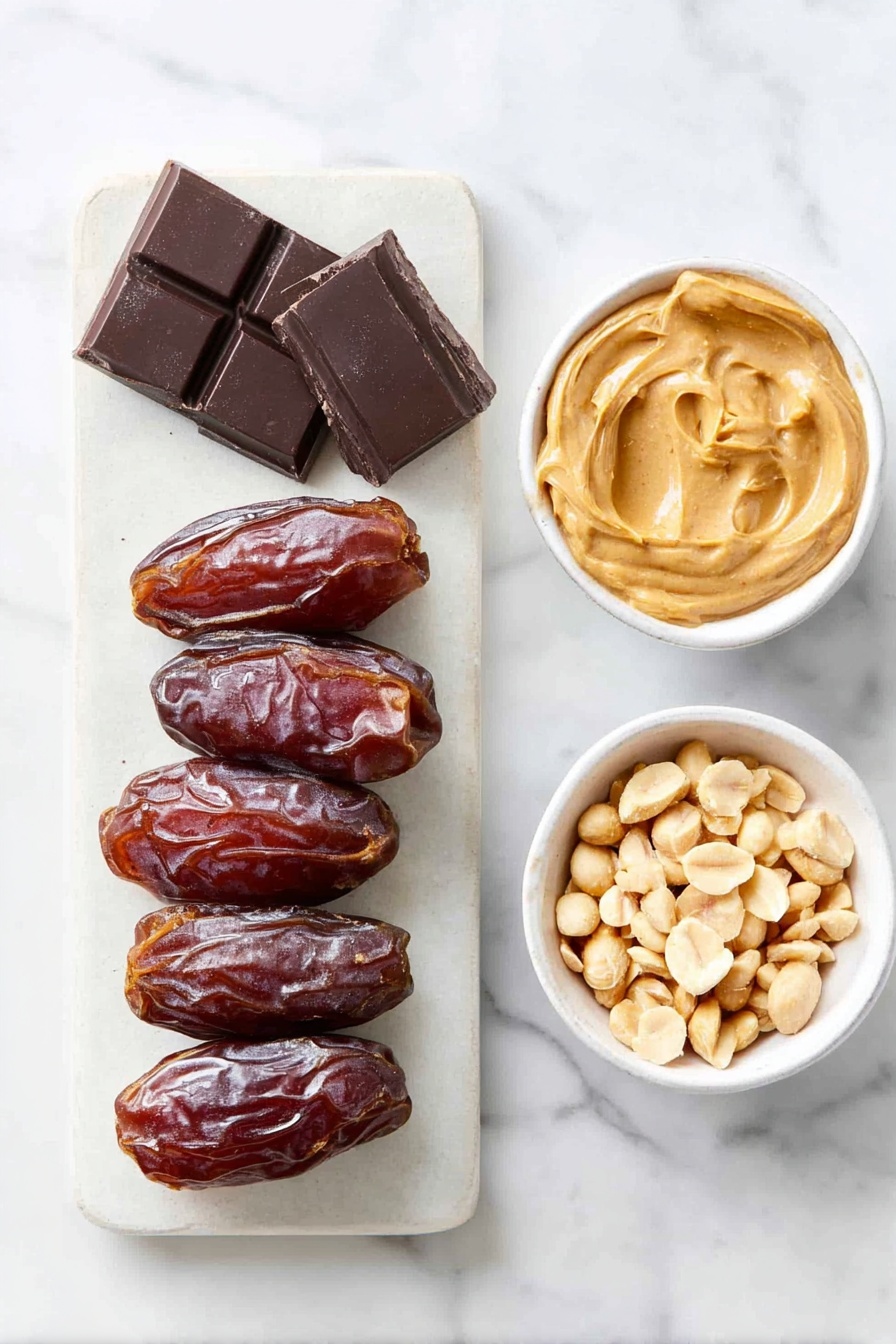 Date Snickers, healthy chocolate date bars, easy no-bake treats, chewy date snacks, peanut butter date bites - Flat lay of a neat row of whole plump Medjool dates with glossy skins, a small white ceramic bowl filled with creamy peanut butter, another small white bowl holding roughly chopped roasted peanuts, and a simple white plate showcasing a dark chocolate bar broken into uneven chunks, all arranged with perfect symmetry and balanced proportions, placed on a clean white marble surface, soft natural light, photo taken with an iPhone, professional food photography style, fresh ingredients, white ceramic bowls, no bottles, no duplicates, no utensils, no packaging --ar 2:3 --v 7 --p awthu7i m7354615311229779997