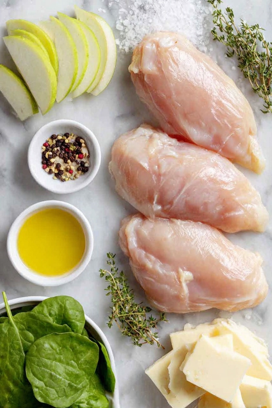 Apple and Brie Stuffed Chicken, stuffed chicken breast with apple and brie, easy stuffed chicken recipes, elegant chicken dinner ideas, quick apple chicken recipe - Flat lay of four raw boneless skinless chicken breasts with smooth pale pink flesh, a small heap of coarse kosher salt crystals, a few whole black peppercorns, fresh green thyme sprigs, a small handful of vibrant baby spinach leaves, thinly sliced pale green apple arranged neatly, creamy white wedges of Brie cheese with soft rind, two small white bowls containing glossy Dijon mustard and coarse ground mustard seeds, and a small white bowl with golden extra-virgin olive oil, all placed on a clean white marble surface, soft natural light, photo taken with an iPhone, professional food photography style, fresh ingredients, white ceramic bowls, no bottles, no duplicates, no utensils, no packaging --ar 2:3 --v 7 --p awthu7i m7354615311229779997