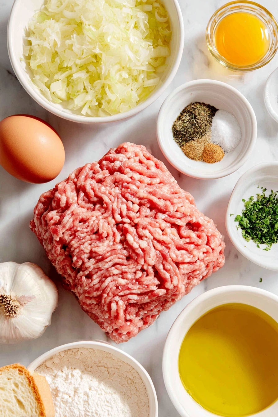 Lemon Sauce Pork and Beef Meatballs, meatball recipes with lemon sauce, easy meatball dinner ideas, quick weeknight meatball recipes, flavorful meatball dishes - Flat lay of fresh raw ground pork, fresh raw lean ground beef, one whole large brown egg, a small bowl of torn crustless white bread soaked in white wine, a small white bowl of finely minced yellow onion, four whole garlic cloves peeled, a small white bowl of dried oregano, a small white bowl of dried parsley, a small white bowl of ground cumin, a small white bowl of fine sea salt, a small white bowl of ground black pepper, a small white bowl of golden olive oil, a small white bowl of pale yellow lemon juice, a small white bowl of golden butter, a small white bowl of all-purpose flour, a small white bowl of hot vegetable stock placed on a clean white marble surface, soft natural light, photo taken with an iPhone, professional food photography style, fresh ingredients, white ceramic bowls, no bottles, no duplicates, no utensils, no packaging --ar 2:3 --v 7 --p awthu7i m7354615311229779997