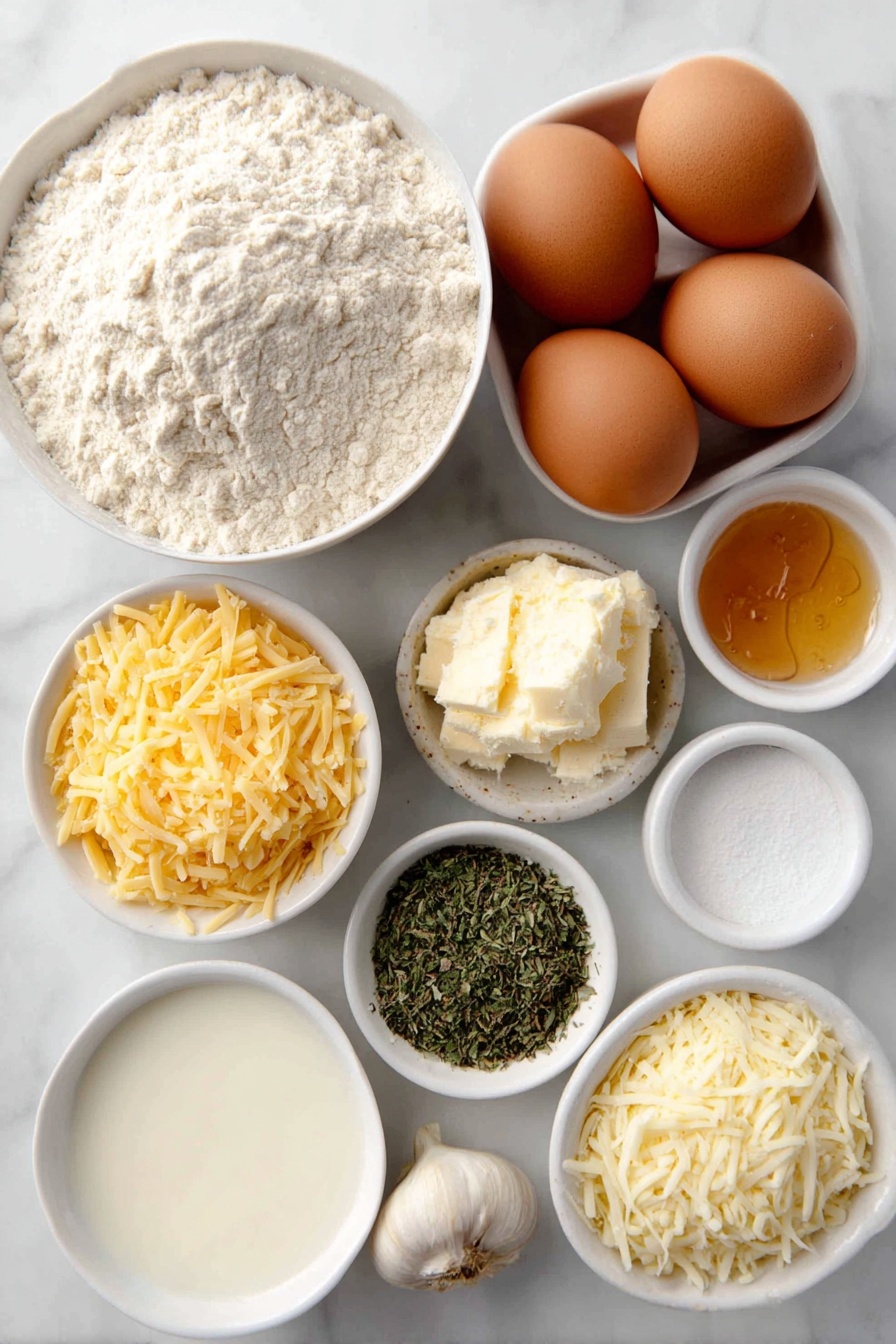 Garlic Herb Cheddar Cheese Bread, cheesy garlic bread, homemade bread with herbs, soft cheesy bread recipe, easy savory bread - Flat lay of a small white ceramic bowl of warm whole milk, a small white ceramic bowl of golden honey, three whole large brown eggs with clean shells, a small heap of all-purpose flour dusted lightly nearby, a teaspoon of coarse kosher salt in a small white ceramic bowl, a small white ceramic bowl of crumbled active dry yeast, a small pile of shredded bright orange cheddar cheese, a small pile of shredded creamy white mozzarella cheese, a small white ceramic bowl of finely grated pale parmesan cheese, a small white ceramic bowl filled with a mix of fresh chopped Italian herbs including sage, oregano, basil, and thyme, and two whole fresh garlic cloves alongside a small white ceramic bowl containing freshly grated garlic, all arranged symmetrically and balanced, placed on a clean white marble surface, soft natural light, photo taken with an iPhone, professional food photography style, fresh ingredients, white ceramic bowls, no bottles, no duplicates, no utensils, no packaging --ar 2:3 --v 7 --p awthu7i m7354615311229779997