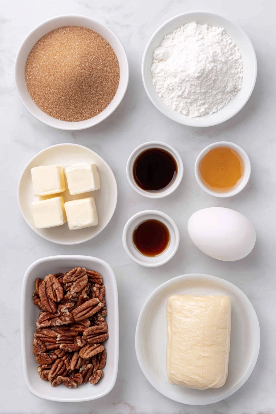 Maple Pecan Pastry Braid, easy dessert recipes, holiday brunch ideas, puff pastry desserts, pecan pastry ideas - Flat lay of a small mound of light brown sugar, a few chunks of salted butter, a small white bowl with pure maple syrup, a small white bowl with vanilla extract, a small white bowl with ground cinnamon, a white ceramic plate holding chopped pecans, a sheet of thawed puff pastry on a simple white ceramic tray, one large whole egg with a clean shell, a small white bowl with a splash of water, a small white bowl with powdered sugar, placed on a clean white marble surface, soft natural light, photo taken with an iPhone, professional food photography style, fresh ingredients, white ceramic bowls, no bottles, no duplicates, no utensils, no packaging --ar 2:3 --v 7 --p awthu7i m7354615311229779997