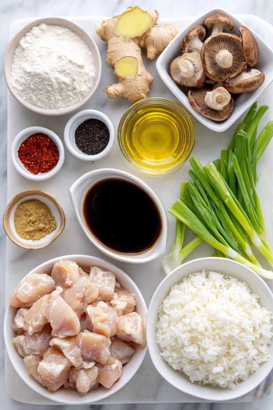 Black Pepper Mushroom Chicken Stir Fry, mushroom chicken stir fry, black pepper chicken, easy Asian stir fry, quick weeknight dinner - Flat lay of boneless skinless chicken thighs cut into cubes, a small bowl of cornstarch, a small white bowl with low-sodium soy sauce, a few coarse black peppercorns and ground black pepper, a few fresh shiitake, oyster, cremini, and button mushrooms thinly sliced, a small bunch of green onions cut into 1-inch pieces, three whole garlic cloves unpeeled, a small piece of fresh ginger root with grated portion visible, a small white bowl of light brown sugar, a small white bowl of oyster sauce, a small white bowl of sesame oil, a small white bowl of rice wine vinegar, a few scattered coarse kosher salt crystals, and a simple mound of steamed white rice on a white ceramic plate placed on a clean white marble surface, soft natural light, photo taken with an iPhone, professional food photography style, fresh ingredients, white ceramic bowls, no bottles, no duplicates, no utensils, no packaging --ar 2:3 --v 7 --p awthu7i m7354615311229779997