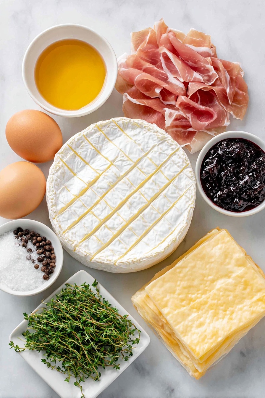 Prosciutto Baked Brie Pastry, baked brie appetizer, prosciutto and brie recipe, puff pastry appetizer, elegant cheese appetizer - Flat lay of a whole wheel of brie cheese with a crosshatch cut on top, a few thin slices of pink prosciutto arranged neatly, a small white bowl of golden honey, a small white bowl of dark fig preserves, a small pile of fresh green thyme leaves, a few twists of freshly cracked black peppercorns, one whole uncracked brown egg, a white ceramic square plate holding a sheet of thawed puff pastry, and a small white bowl of coarse sparkling sugar, all placed on a clean white marble surface, soft natural light, photo taken with an iPhone, professional food photography style, fresh ingredients, white ceramic bowls, no bottles, no duplicates, no utensils, no packaging --ar 2:3 --v 7 --p awthu7i m7354615311229779997