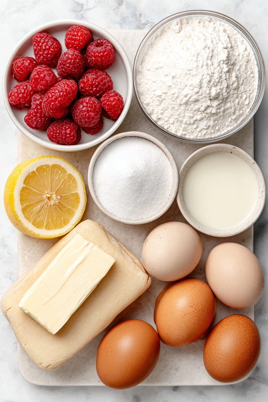 Homemade Raspberry Pop Tarts, raspberry pop tarts recipe, easy homemade pop tarts, flaky raspberry pastry, DIY raspberry breakfast treats - Flat lay of fresh red raspberries scattered beside a simple white ceramic bowl filled with fine granulated sugar, a small white bowl containing translucent corn starch powder, a fresh lemon wedge with visible juice droplets, a single large brown egg with a clean uncracked shell, a small white bowl of smooth powdered sugar, another small white bowl filled with creamy milk, a tiny white bowl with a pale vanilla bean pod resting inside, and a delicate jar of red round sprinkles, all arranged symmetrically on a flat white ceramic plate alongside two pale rectangles of chilled pie crust dough, placed on a clean white marble surface, soft natural light, photo taken with an iPhone, professional food photography style, fresh ingredients, white ceramic bowls, no bottles, no duplicates, no utensils, no packaging --ar 2:3 --v 7 --p awthu7i m7354615311229779997