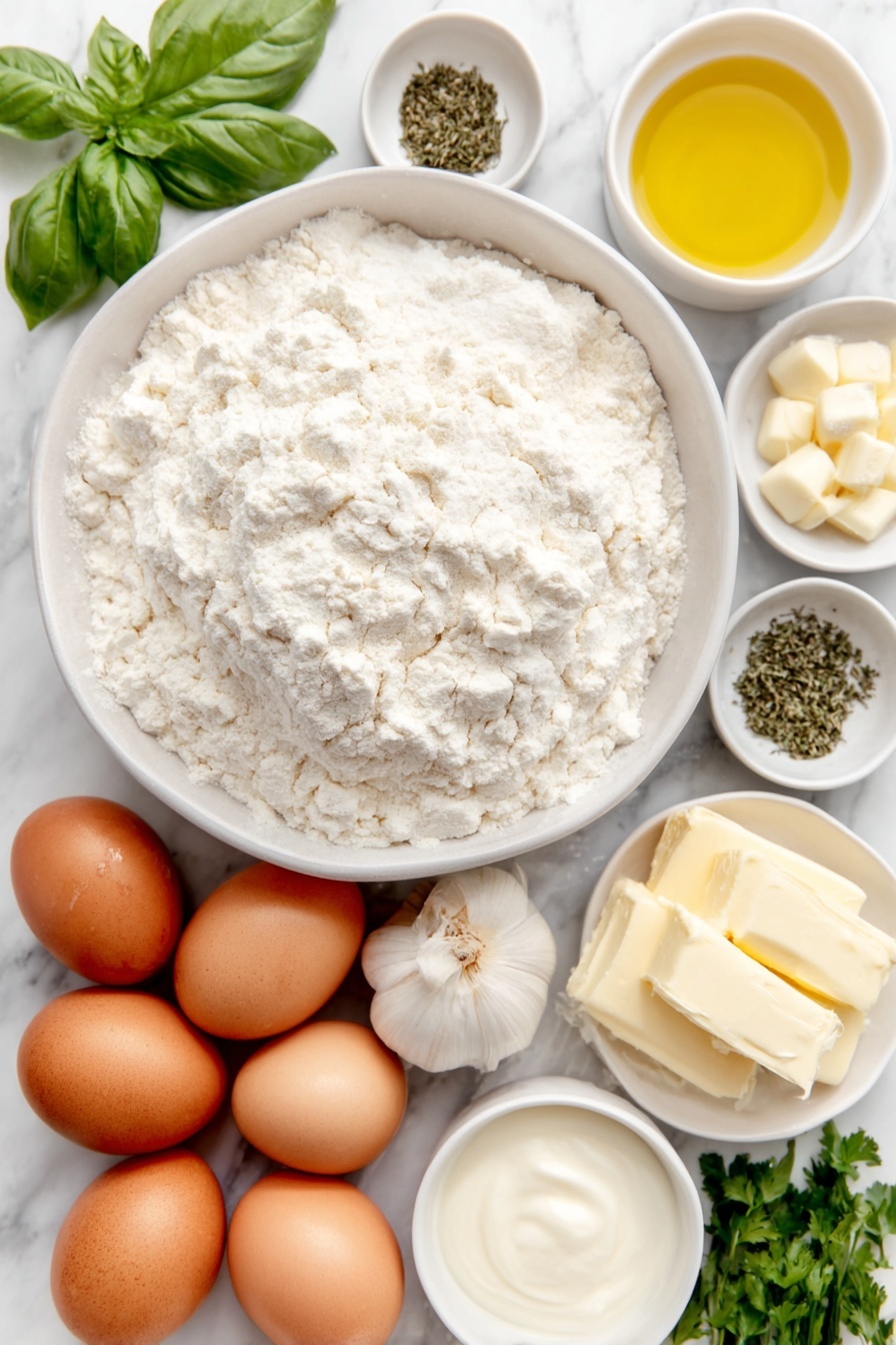 Vegan Garlic Herb Bread, Vegan Garlic Bread, Herb Bread Recipe, Easy Vegan Bread, Soft Vegan Bread - Flat lay of a small mound of strong white bread flour, a large white ceramic bowl filled with lukewarm water, three whole brown eggs with clean shells, a small white bowl of golden olive oil, a small white bowl of creamy unsweetened almond milk, a small white bowl of softened vegan butter, eight fresh whole garlic cloves, a small white bowl with dried parsley, a small white bowl with dried thyme, a handful of fresh coriander sprigs, and a handful of fresh basil leaves, all arranged in perfect symmetry and natural proportions, placed on a clean white marble surface, soft natural light, photo taken with an iPhone, professional food photography style, fresh ingredients, white ceramic bowls, no bottles, no duplicates, no utensils, no packaging --ar 2:3 --v 7 --p m7354615311229779997