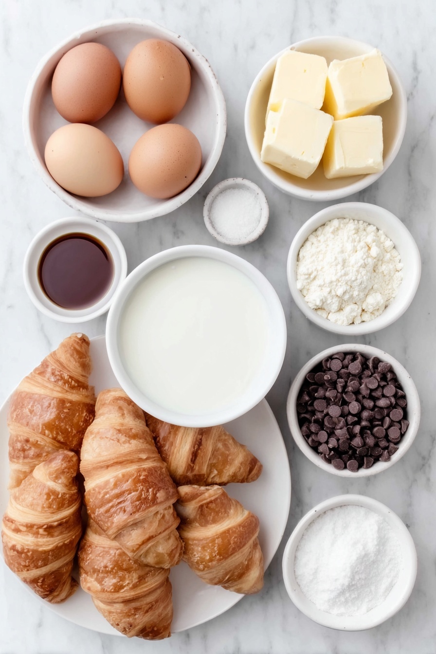 Chocolate Croissant Breakfast Bake, indulgent breakfast casserole, holiday brunch recipes, easy breakfast baking, chocolate croissant casserole - Flat lay of six whole uncracked brown eggs, a small white ceramic bowl of whole milk, a small white ceramic bowl of heavy cream, a small white ceramic bowl of granulated sugar, a small white ceramic bowl of vanilla extract, a small white ceramic bowl of salt, six fresh golden croissants torn into 1-inch cubes arranged neatly on a simple white ceramic plate, and a small white ceramic bowl of glossy semi-sweet chocolate chips, placed on a clean white marble surface, soft natural light, photo taken with an iPhone, professional food photography style, fresh ingredients, white ceramic bowls, no bottles, no duplicates, no utensils, no packaging --ar 2:3 --v 7 --p m7354615311229779997