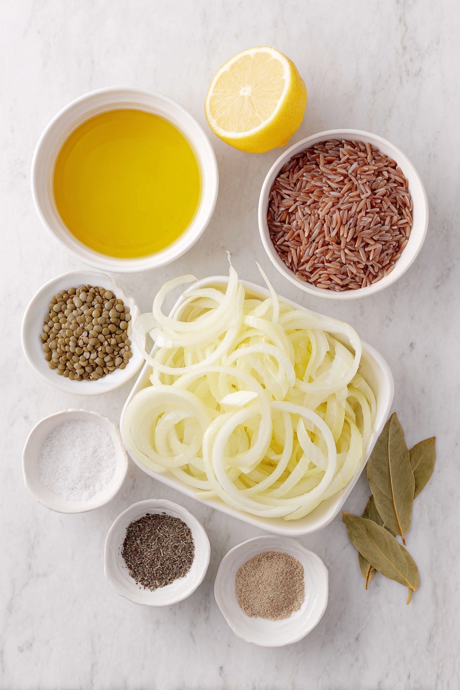 Easy Lentil and Rice Mujadara, Middle Eastern Lentil Dish, Healthy Lentil and Rice Meal, Simple Vegetarian Dinner, Comfort Food Recipes - Flat lay of five medium yellow onions sliced into rings, a small white ceramic bowl of green lentils, a small white ceramic bowl of brown rice grains, two dried bay leaves, a small white ceramic bowl of olive oil, a small white ceramic bowl of ground cumin powder, a small white ceramic bowl of coarse black pepper, a small white ceramic bowl of coarse salt crystals, and a small white ceramic bowl of vegetable bouillon powder, all placed on a clean white marble surface, soft natural light, photo taken with an iPhone, professional food photography style, fresh ingredients, white ceramic bowls, no bottles, no duplicates, no utensils, no packaging --ar 2:3 --v 7 --p m7354615311229779997