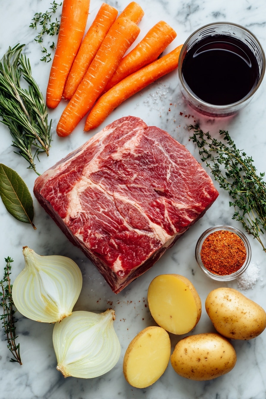 Slow Cooker Pot Roast with Root Vegetables and Herb-Infused Gravy, tender beef roast, hearty slow cooker dinner, comfort food recipes, easy holiday pot roast - Flat lay of a large, raw chuck roast with rich, marbled red and white textures, surrounded by bright orange carrots peeled and halved lengthwise, smooth golden Yukon Gold potatoes quartered, and pale yellow onion halves and wedges showing their soft, layered interior; fresh, green rosemary and thyme sprigs with delicate leaves add contrast, alongside a single glossy dark green bay leaf; a small glass of deep ruby red wine glistens nearby, complemented by a sprinkle of coarse kosher salt crystals and warm red smoked paprika powder scattered softly; all ingredients are beautifully arranged with natural spacing and slight overlaps, placed on white marbled surface, photo taken with an iphone --ar 2:3 --v 7