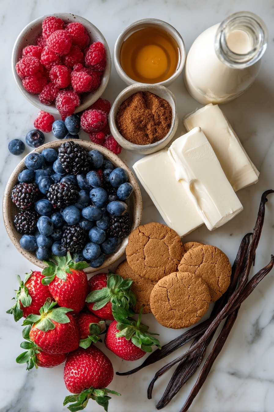 No Bake EggNog Berry Cheesecakes, festive no bake cheesecakes, holiday berry cheesecake, easy eggnog dessert, no bake Christmas cheesecake - Flat lay of fresh mixed berries including bright red raspberries, deep blue blueberries, glossy blackberries, and vibrant strawberries with green leaves, smooth blocks of creamy white cream cheese, a small pile of golden-brown gingerbread cookies with a crunchy texture, light brown melted butter in a soft pool, a small mound of warm brown nutmeg powder, a bottle of creamy pale eggnog with subtle off-white tone, and a vanilla bean pod with rich dark brown color, all beautifully arranged with natural spacing and slight overlaps, placed on white marbled surface, photo taken with an iphone --ar 2:3 --v 7