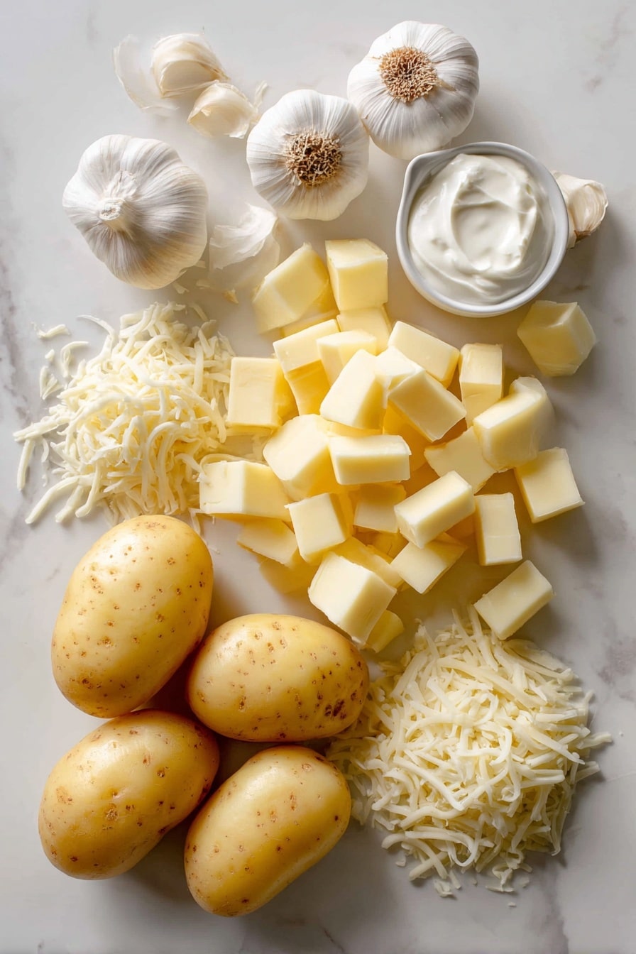 Cheesy Baked Mashed Potatoes, cheesy mashed potato side dish, baked potato casserole, creamy cheesy mashed potatoes, comfort food recipes - Flat lay of peeled and chopped Yukon gold potatoes with their smooth yellow skin and creamy texture, a small cluster of whole garlic cloves showing their papery white skins, a half cup of soft, white sour cream dolloped beside a few golden cubes of butter with a shiny surface, and a small pile of shredded mozzarella cheese strands in bright white, all naturally arranged with gentle overlaps and soft shadows, placed on white marbled surface, photo taken with an iphone --ar 2:3 --v 7