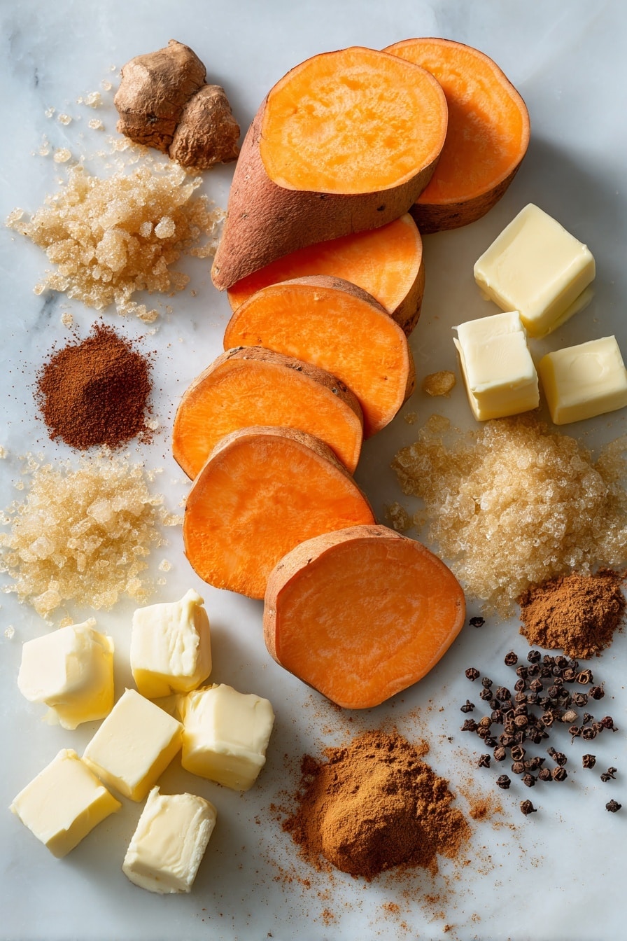 Southern Candied Yams, Soul Food Yams, Sweet Potato Side Dish, Southern Comfort Food, Easy Soul Food Recipes - Flat lay of three medium sweet potatoes with vibrant orange flesh, several thick slices neatly cut to show their smooth, moist texture, a few cubes of pale yellow unsalted butter with soft edges, small mounds of golden granulated sugar and rich dark brown sugar crystals shimmering slightly, warm brown ground cinnamon and reddish-brown ground nutmeg forming gentle piles, a light dusting of finely ground ginger powder in soft beige tones, and a few tiny heaps of deep brown ground cloves, all carefully spaced and naturally scattered with slight overlaps to create depth, placed on white marbled surface, photo taken with an iphone --ar 2:3 --v 7