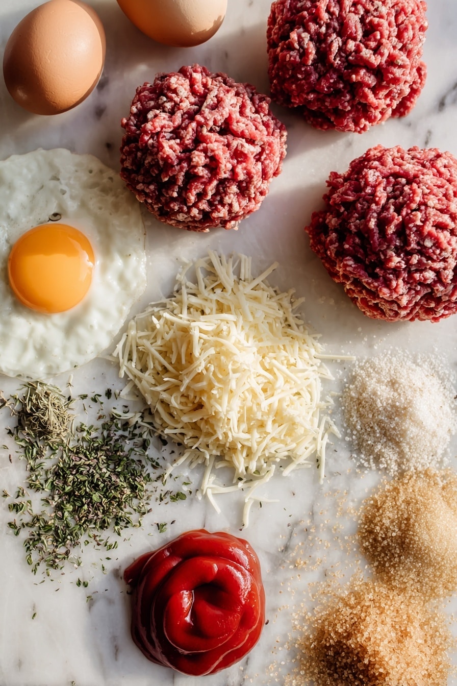 Crockpot Meatloaf with Parmesan and Sweet Glaze, easy slow cooker meatloaf, moist comfort food recipes, Parmesan meatloaf dinner, simple crockpot recipes - Flat lay of fresh ground beef and ground pork in neat mounds showing their rich red and pink colors and coarse texture, a small pile of shredded pale yellow Parmesan cheese with fine strands, two smooth brown eggs, a handful of dried golden brown bread crumbs, a small bunch of dried green Italian seasoning herbs, a small pile of fine light beige onion powder, a vibrant red dollop of ketchup with a glossy surface, and some golden brown granulated brown sugar crystals, all beautifully arranged with natural spacing and soft shadows, placed on white marbled surface, photo taken with an iphone --ar 2:3 --v 7