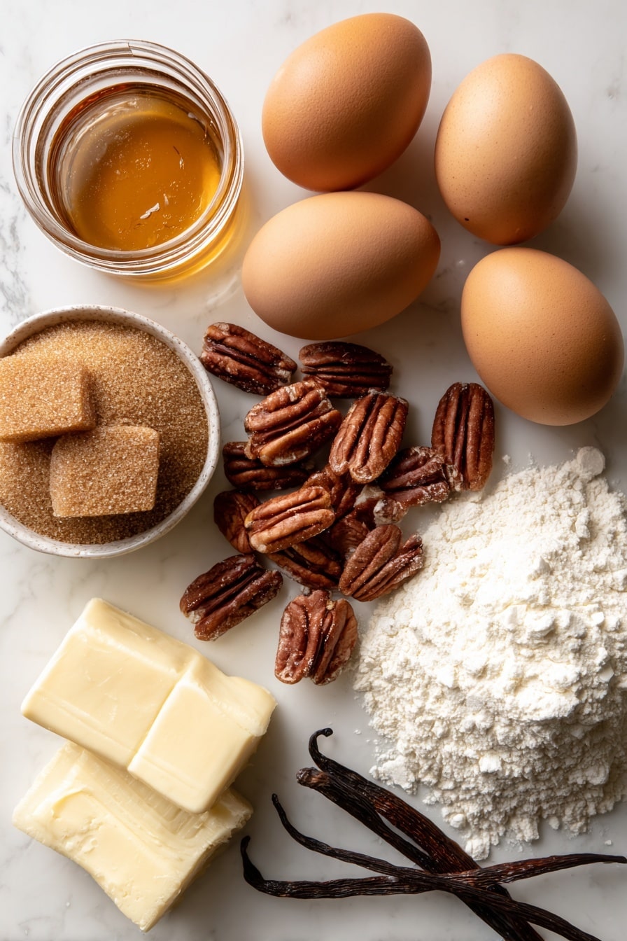 Maple Pecan Blondies, Maple Pecan Blondies Recipe, Easy Blondies with Maple and Pecans, Best Maple Pecan Blondies, Nutty Maple Blondies - Flat lay of glossy golden maple syrup in a small glass jar, rich brown packed brown sugar with a slightly coarse texture, smooth pale yellow unsalted butter, a cluster of raw light brown pecans with textured shells and some chopped pecan pieces scattered loosely, two large fresh brown eggs with smooth shells, a small vanilla bean pod with its dark brown wrinkled surface, and a mound of soft off-white all-purpose flour, all beautifully arranged with natural spacing and gentle shadows, placed on white marbled surface, photo taken with an iphone --ar 2:3 --v 7