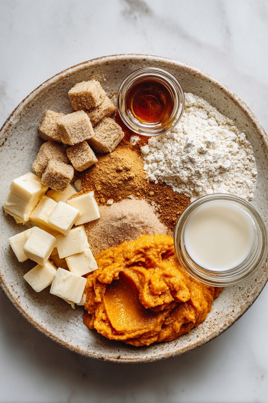 Starbucks Copycat Vegan Pumpkin Scones, vegan pumpkin scones, plant-based pumpkin scones, gluten-free pumpkin scones, fall vegan baking ideas - Flat lay of vibrant orange pumpkin puree in a rustic bowl, warm brown packed brown sugar crystals, a small pile of golden vegan butter cubes with a soft texture, a heap of light beige all-purpose flour dusted lightly, a scattering of mixed warm-toned pumpkin pie spice powders in shades of cinnamon brown and nutmeg tan, glossy deep amber pure vanilla extract in a tiny glass vial, creamy white unsweetened applesauce with a smooth texture, and a splash of pale almond milk in a clear small jar, all beautifully arranged in a natural, loose cluster with soft shadows and gentle highlights, placed on white marbled surface, photo taken with an iphone --ar 2:3 --v 7