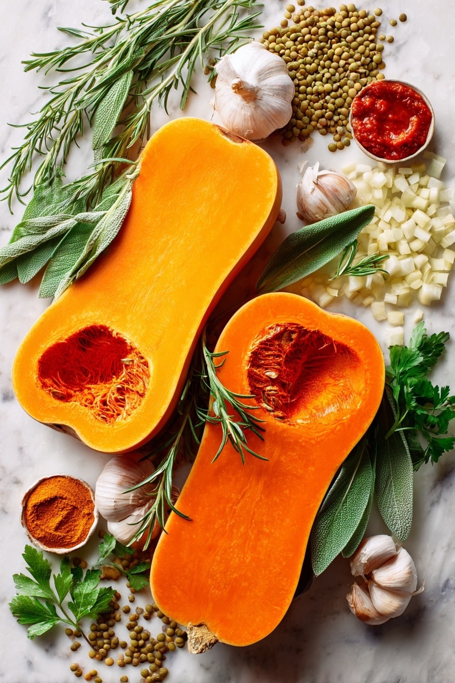 Creamy Lentil Stuffed Butternut Squash, butternut squash with lentils and tahini, healthy stuffed squash recipes, cozy vegan dinner ideas, roasted butternut squash with tahini - Flat lay of vibrant orange halved butternut squash with smooth, glossy skin and bright, fleshy interiors, scattered fresh green sage leaves with soft textured blades, sprigs of rosemary showing tiny needle-like leaves in deep green, diced golden yellow onions with crisp edges, peeled cloves of white garlic with smooth surfaces, rich red tomato paste in a small dollop, earthy green-brown dry lentils with a matte finish, small bunch of bright Italian flat-leaf parsley with delicate leaves, and a few fresh glossy bay leaves displaying their elongated shape, all beautifully arranged with natural shadows and highlights, placed on white marbled surface, photo taken with an iphone --ar 2:3 --v 7