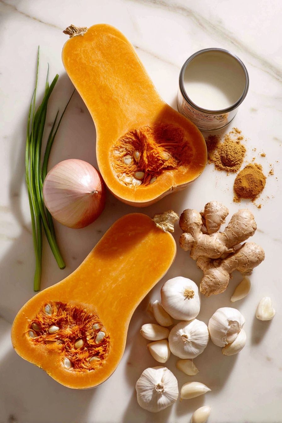 Vegan Butternut Squash Soup, vegan squash soup, healthy butternut squash soup, cozy vegan soup, easy vegan soup recipes - Flat lay of a large vibrant orange butternut squash cut in half showing smooth flesh and seeds, a small sweet onion with pale purple layers, several cloves of glossy white garlic, a small pile of light brown ground nutmeg powder, a heap of warm golden ground ginger powder, a few shiny maple syrup droplets glistening, fresh green sprigs of ginger root with textured skin, and a small open can of creamy white coconut milk, all beautifully arranged with natural spacing and gentle shadows, placed on white marbled surface, photo taken with an iphone --ar 2:3 --v 7