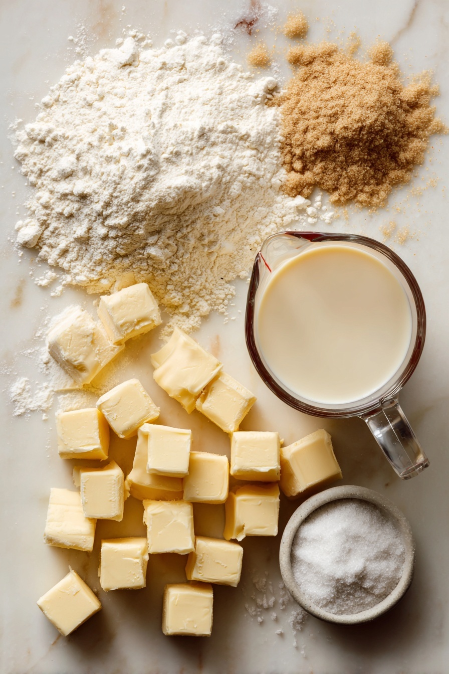 Southern-Style Vegan Buttermilk Biscuits, vegan biscuit recipe, flaky vegan biscuits, dairy-free biscuits, plant-based Southern biscuits - Flat lay of cold pale yellow vegan butter cut into small cubes, a glass measuring cup filled with creamy off-white soy milk mixed with golden apple cider vinegar, a neat pile of fine white all-purpose flour, a small heap of light brown granulated sugar, scattered white baking powder, a few pinches of fine white salt crystals, all arranged naturally with some flour dust lightly spread around, placed on white marbled surface, photo taken with an iphone --ar 2:3 --v 7
