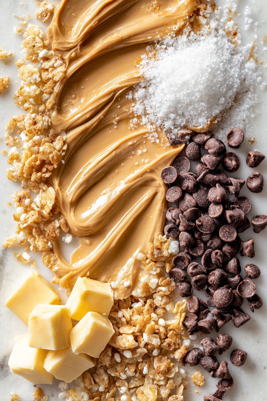 Vegan Chocolate Peanut Butter Balls, vegan no-bake snacks, healthier peanut butter bites, dairy-free chocolate truffles, easy vegan dessert ideas - Flat lay of creamy light brown peanut butter swirled softly beside smooth, pale yellow vegan butter chunks, fine white powdered sugar dusted gently near crispy golden Rice Krispies cereal clusters, shiny dark vegan chocolate chips scattered loosely with a glossy texture, and small glistening blobs of refined coconut oil gleaming softly, all beautifully arranged with balanced spacing and natural flow, placed on white marbled surface, photo taken with an iphone --ar 2:3 --v 7