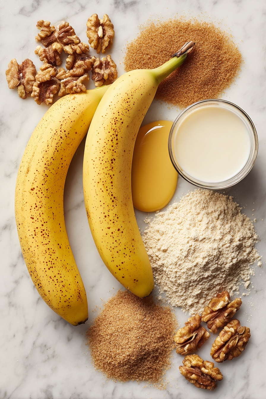 Best Vegan Banana Bread, vegan banana bread, egg-free banana bread, healthy banana bread, plant-based banana bread - Flat lay of two large ripe bananas with bright yellow skins and brown speckles, a small pile of rich brown chopped walnuts with textured surfaces, a mound of fine light brown granulated sugar, a smooth pool of golden melted vegan butter, a neat heap of light beige ground flaxseed powder, a small glass of creamy white almond milk, a scattering of warm tan all-purpose flour with soft powdery texture, and a sprinkle of fine brown fresh ground nutmeg, all naturally arranged with some ingredients slightly overlapping, placed on white marbled surface, photo taken with an iphone --ar 2:3 --v 7