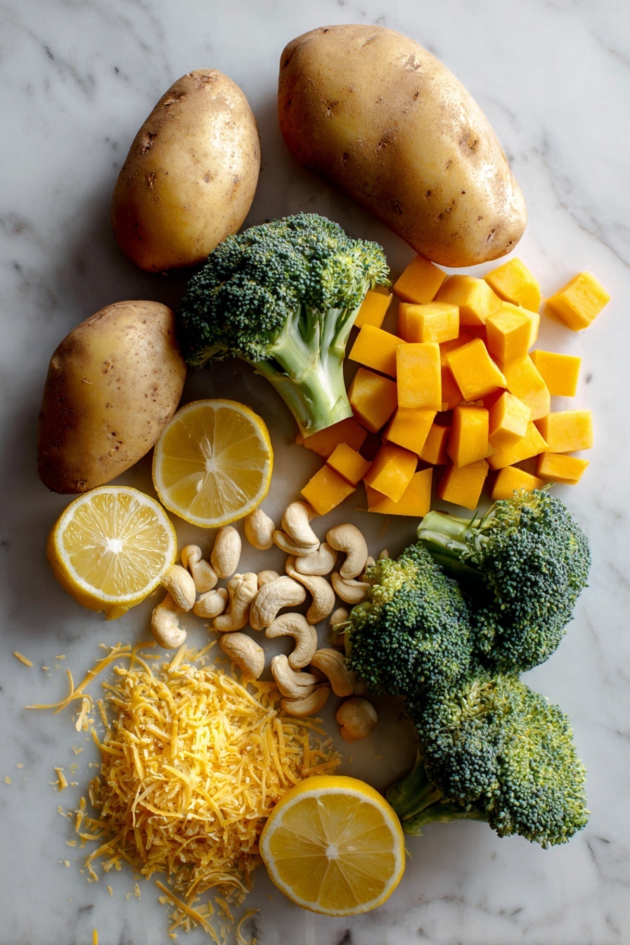 Vegan Cheesy Broccoli Twice Baked Potatoes, vegan loaded baked potatoes, dairy-free cheesy potatoes, healthy vegan stuffed potatoes, vegan comfort foods - Flat lay of large russet potatoes with their rough, light brown skins, vibrant green broccoli florets with delicate buds, bright orange butternut squash cubes with smooth edges, creamy raw cashews in a small pile showing their pale, curved shapes, golden yellow non-dairy cheddar cheese shreds with a slightly crumbly texture, fresh lemon wedges with bright yellow rinds and juicy interiors, and scattered nutritional yeast flakes that have a light, flaky texture, all beautifully arranged in a natural, slightly overlapping pattern placed on white marbled surface, photo taken with an iphone --ar 2:3 --v 7