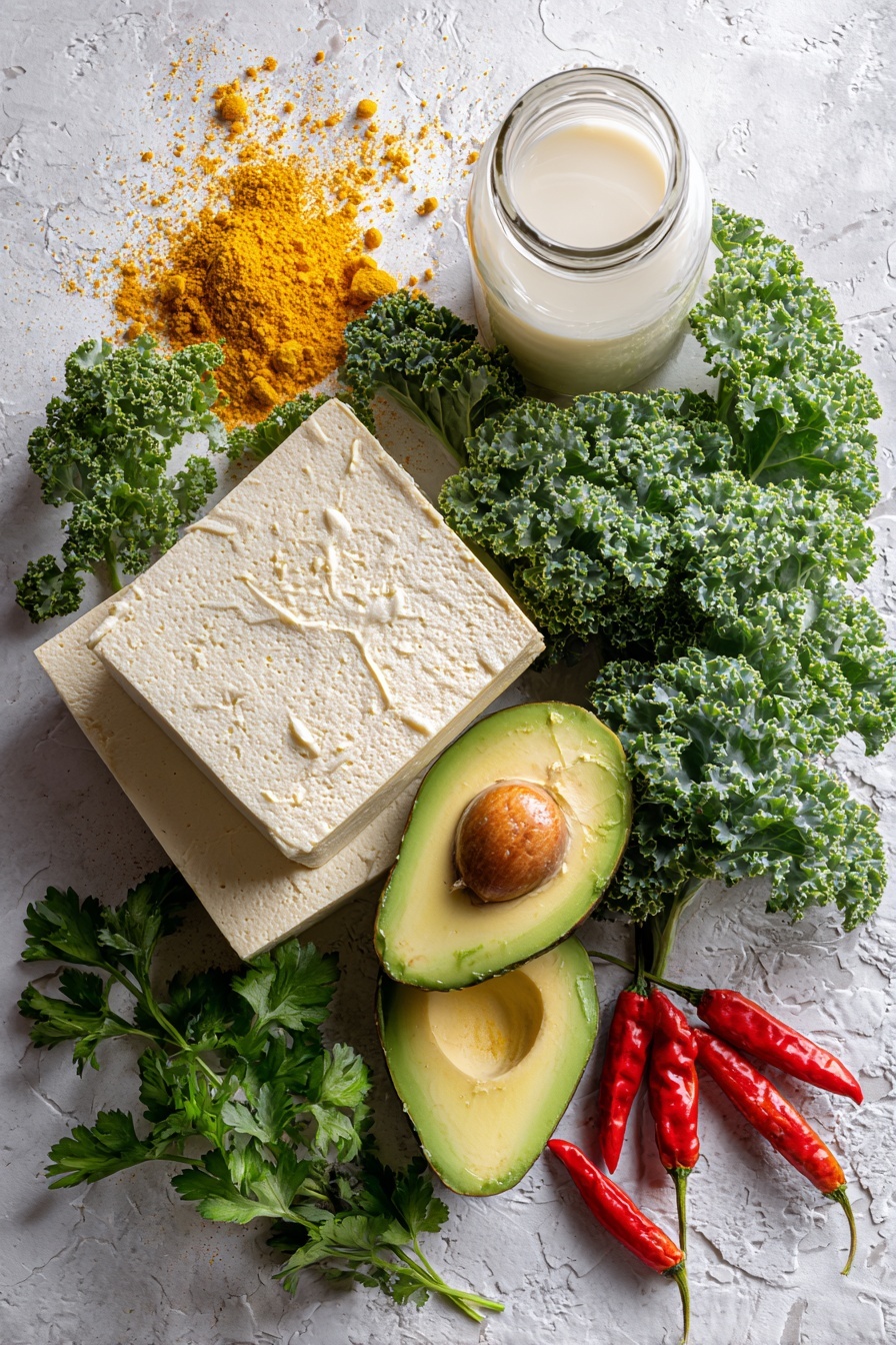 The Best Tofu Scramble, tofu scramble, vegan breakfast ideas, easy healthy breakfast, plant-based recipes - Flat lay of a firm block of creamy white tofu, bright golden turmeric powder sprinkled nearby, vivid yellow nutritional yeast flakes, fresh green curly kale leaves, deep green parsley sprigs, a ripe avocado sliced to show its smooth pale green flesh, small clusters of red chili peppers, and a glass jar of milky white unsweetened non-dairy milk, all beautifully arranged with contrasting colors and textures in a natural, slightly scattered pattern, placed on white marbled surface, photo taken with an iphone --ar 2:3 --v 7